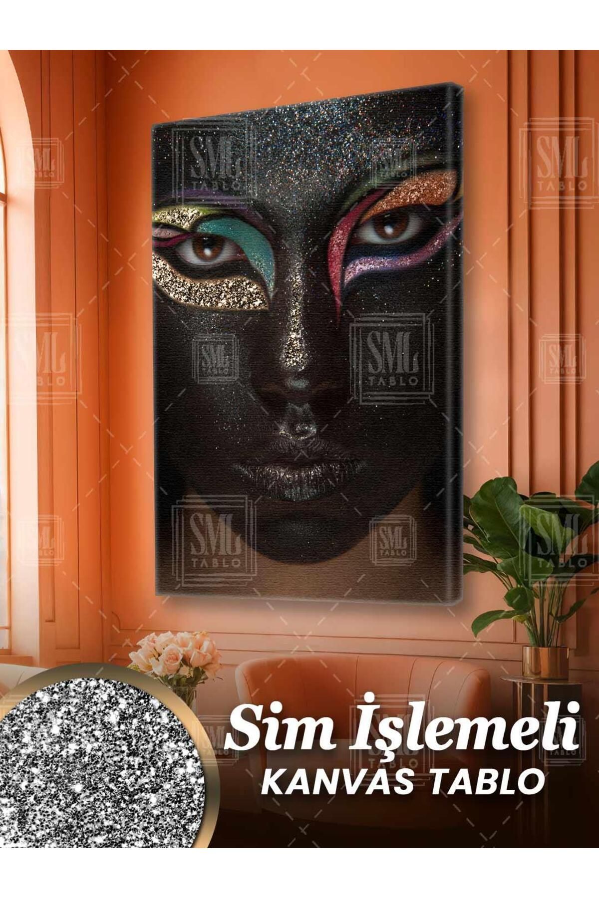 SML TABLO Simli Etnik Makyaj Afrikalı Kadın Pırıltılı Renkli Sürme Göz Sim İşlemeli Dikey Kanvas Tablo