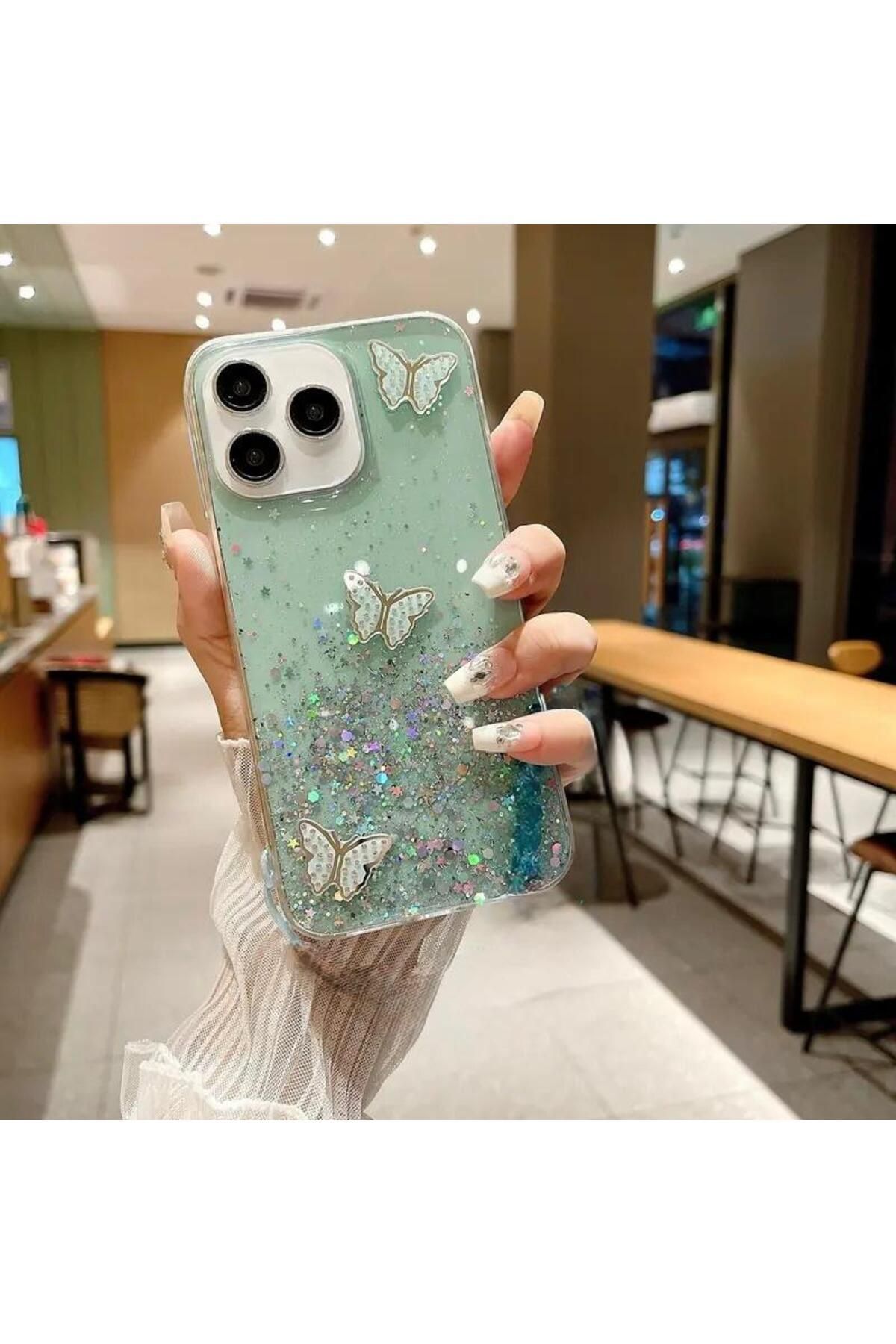 Rivor Oppo A3 Uyumlu Kılıf Kamera Çıkıntılı Simli Kelebek Kabartma Desenli İnce Premium Kapak