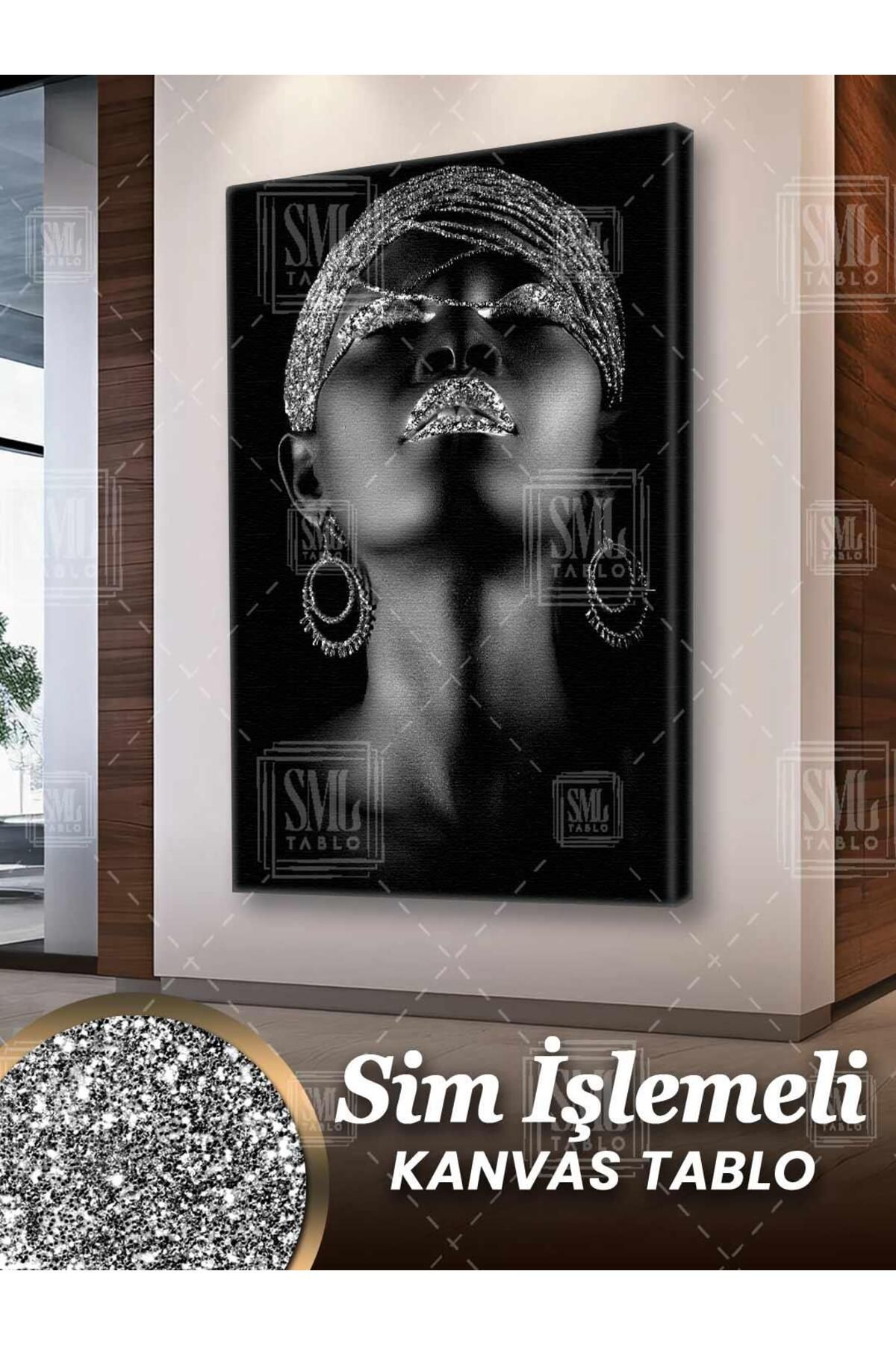 SML TABLO Simli Afrikalı Gümüş Küpeli Kadın African Woman Sim İşlemeli Dikey Kanvas Tablo