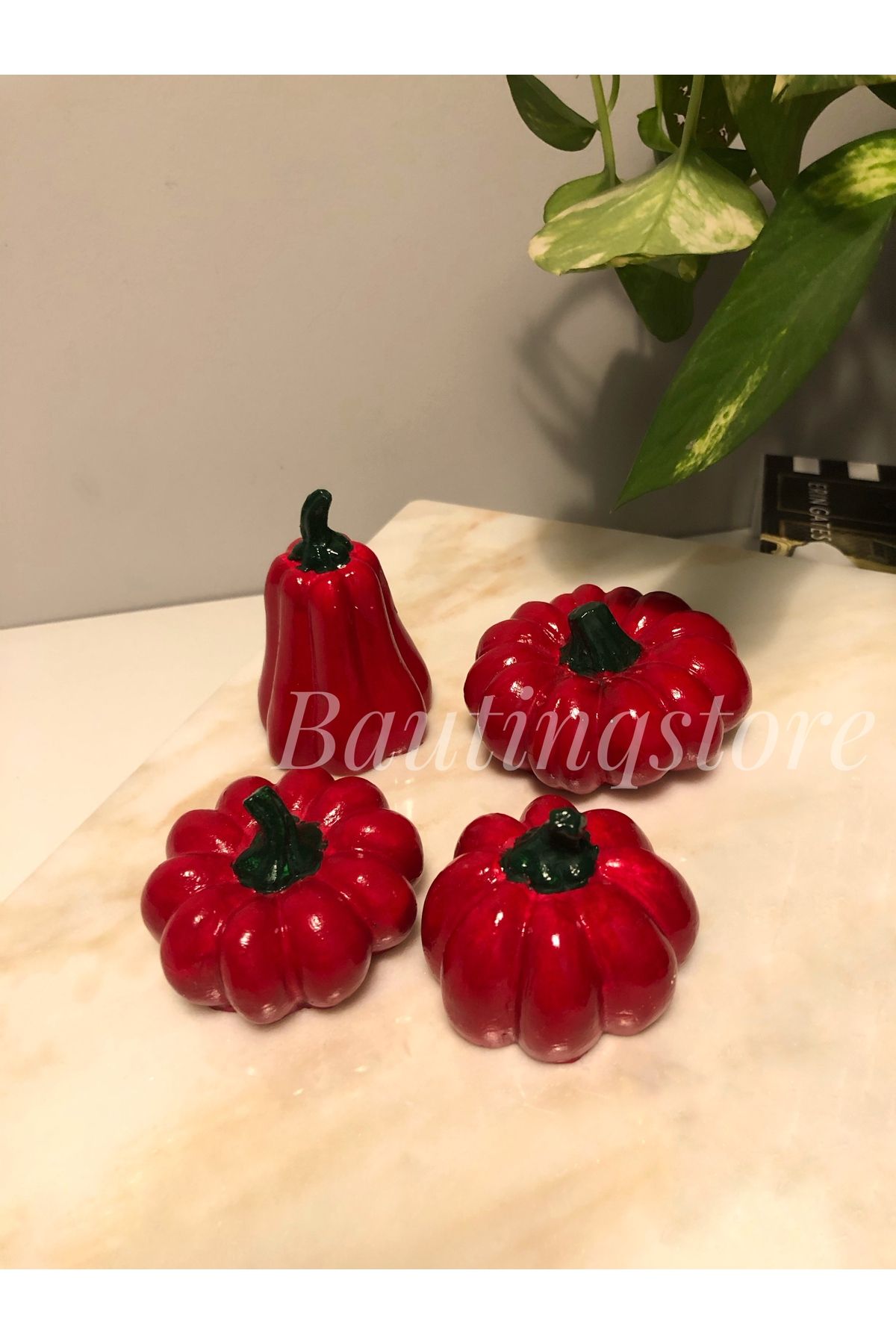 Bautinq Store Dekoratif el yapımı beton 4lü kırmızı kabak set hediyelik eşya