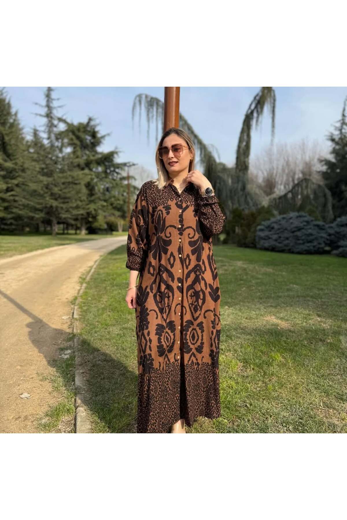 KTY TR tesettür uzun elbise boy 140 gömlek yaka detaylı kollu lastikli
