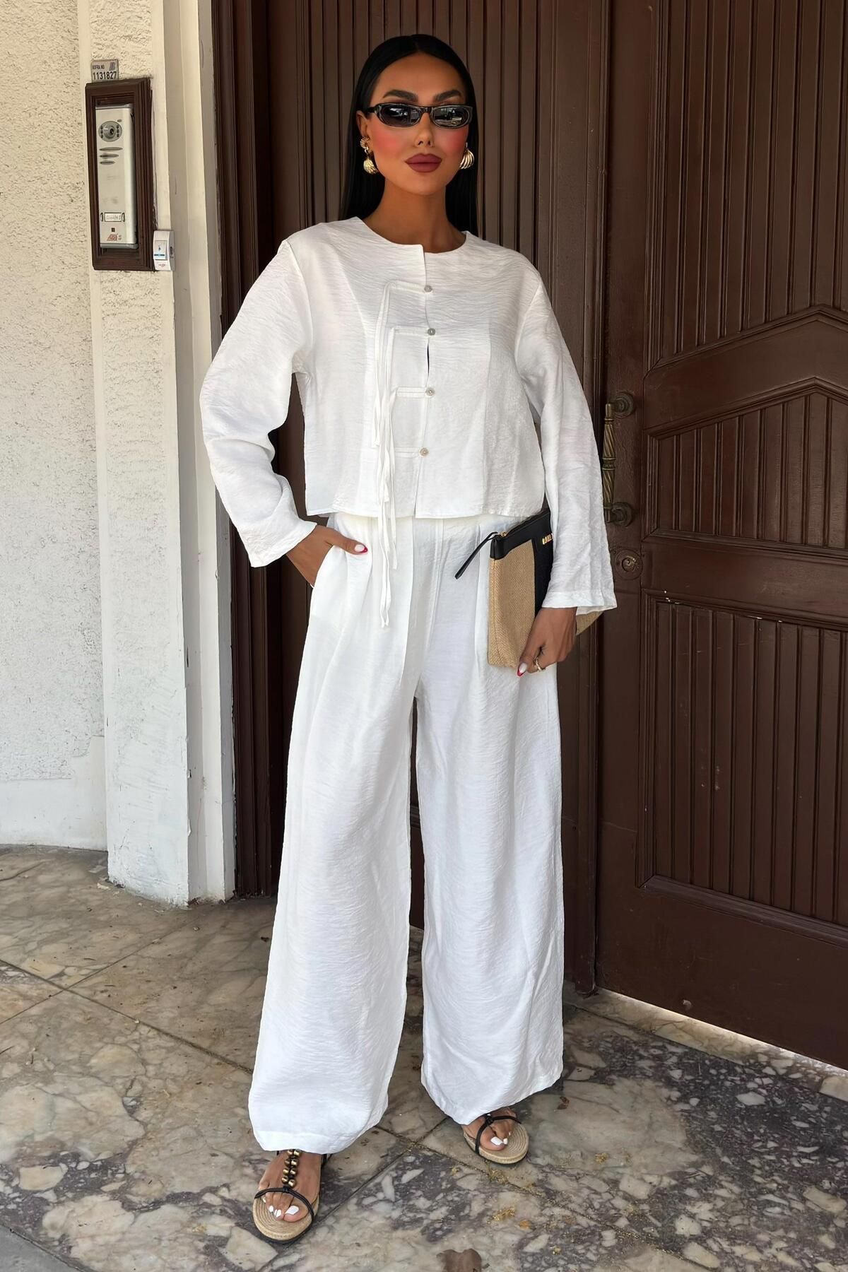 WeShaya Kadın Beyaz Keten Oversize Uzun İkili Takım