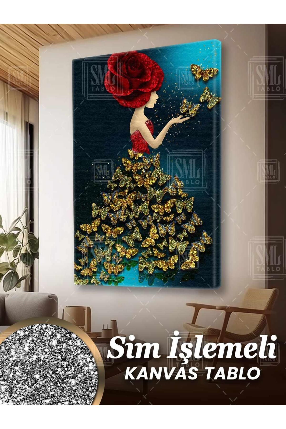 SML TABLO Simli Gül Saçlı Kelebek Kadın Altın Pırıltılı Gold Sim İşlemeli Dikey Kanvas Tablo