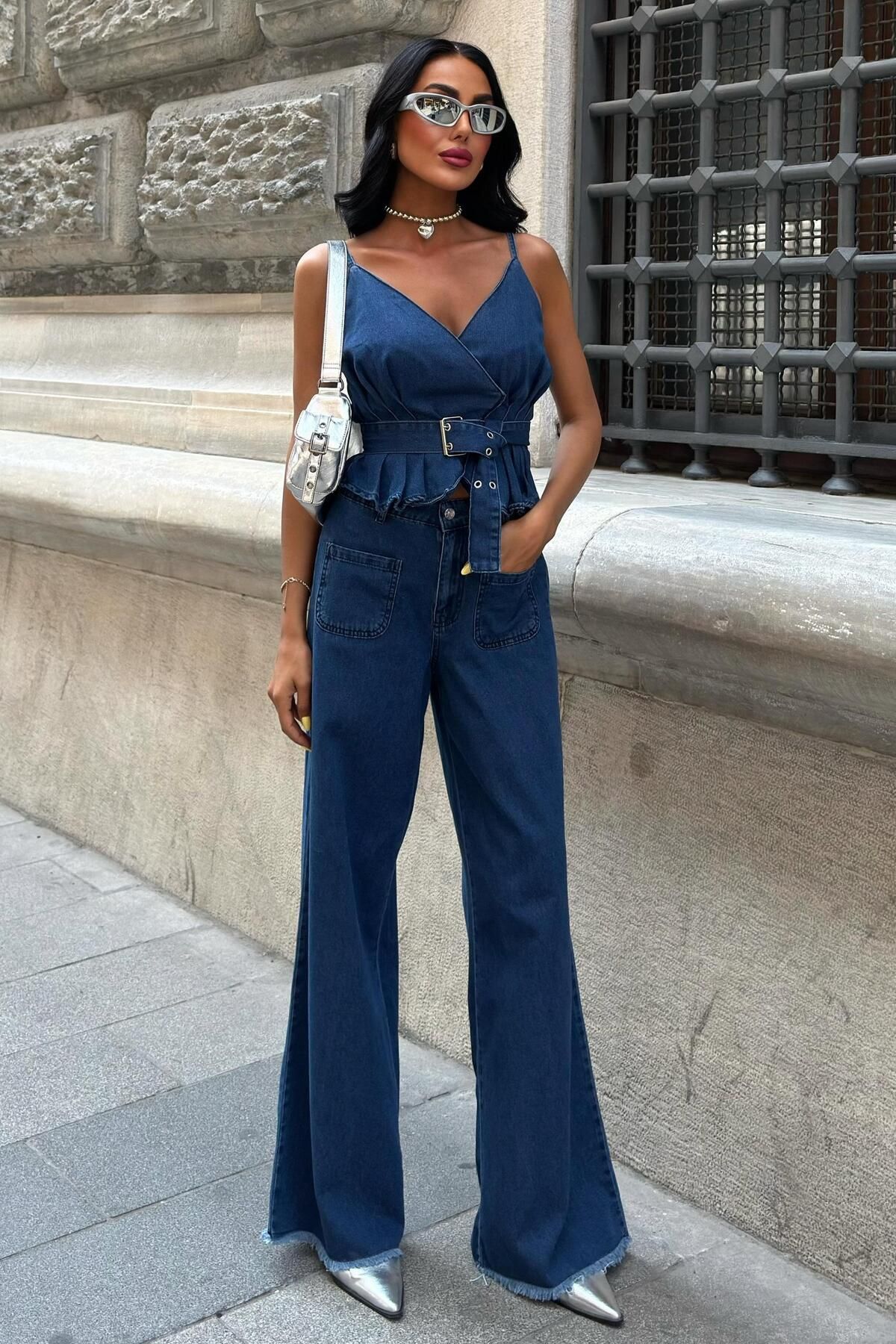 WeShaya Kadın Kot Mavi Denim V Yaka Kolsuz Uzun Takım