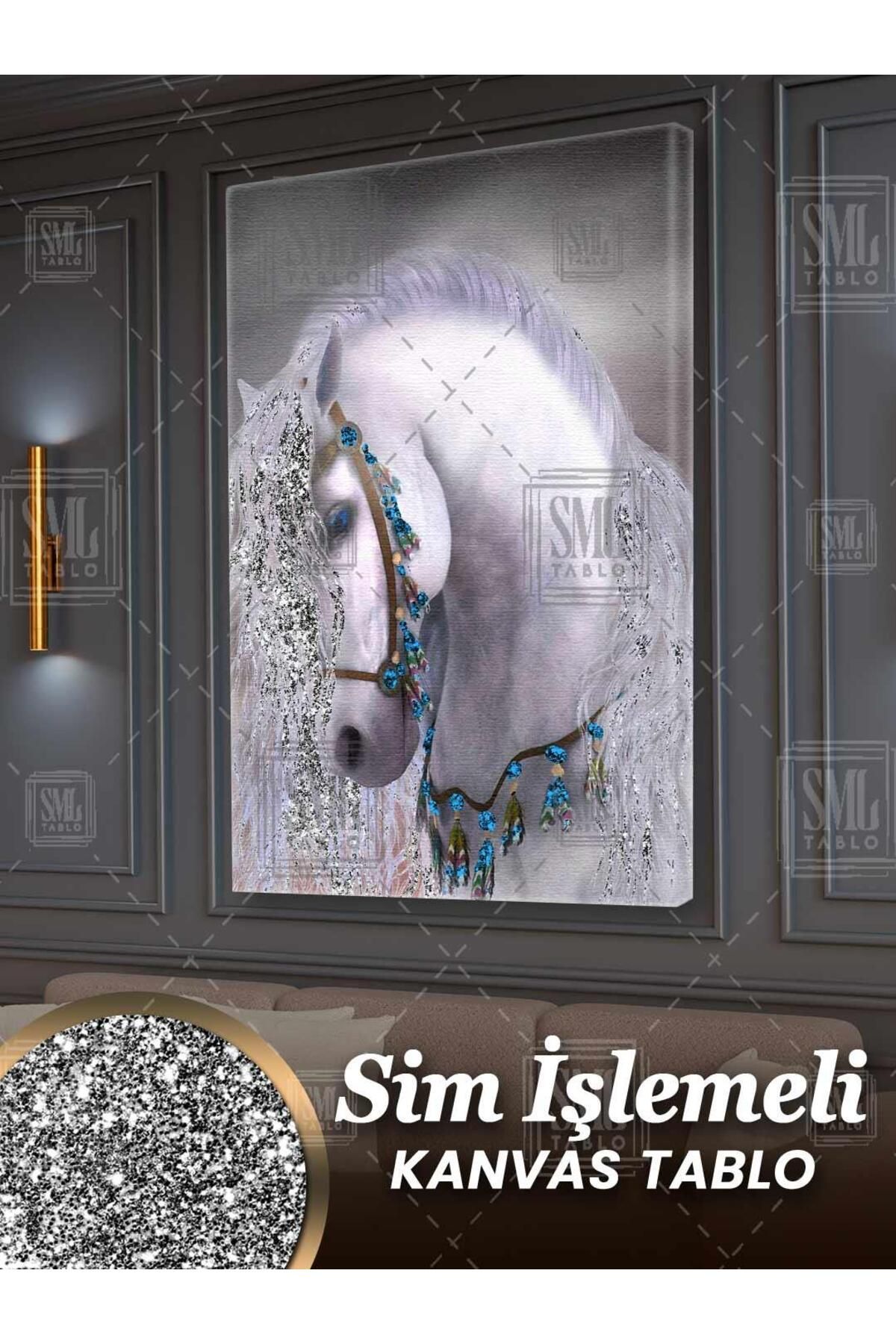 SML TABLO Simli Beyaz Yeleli At Pırıltılı Mavi Göz Asalet Sim İşlemeli Dikey Kanvas Tablo