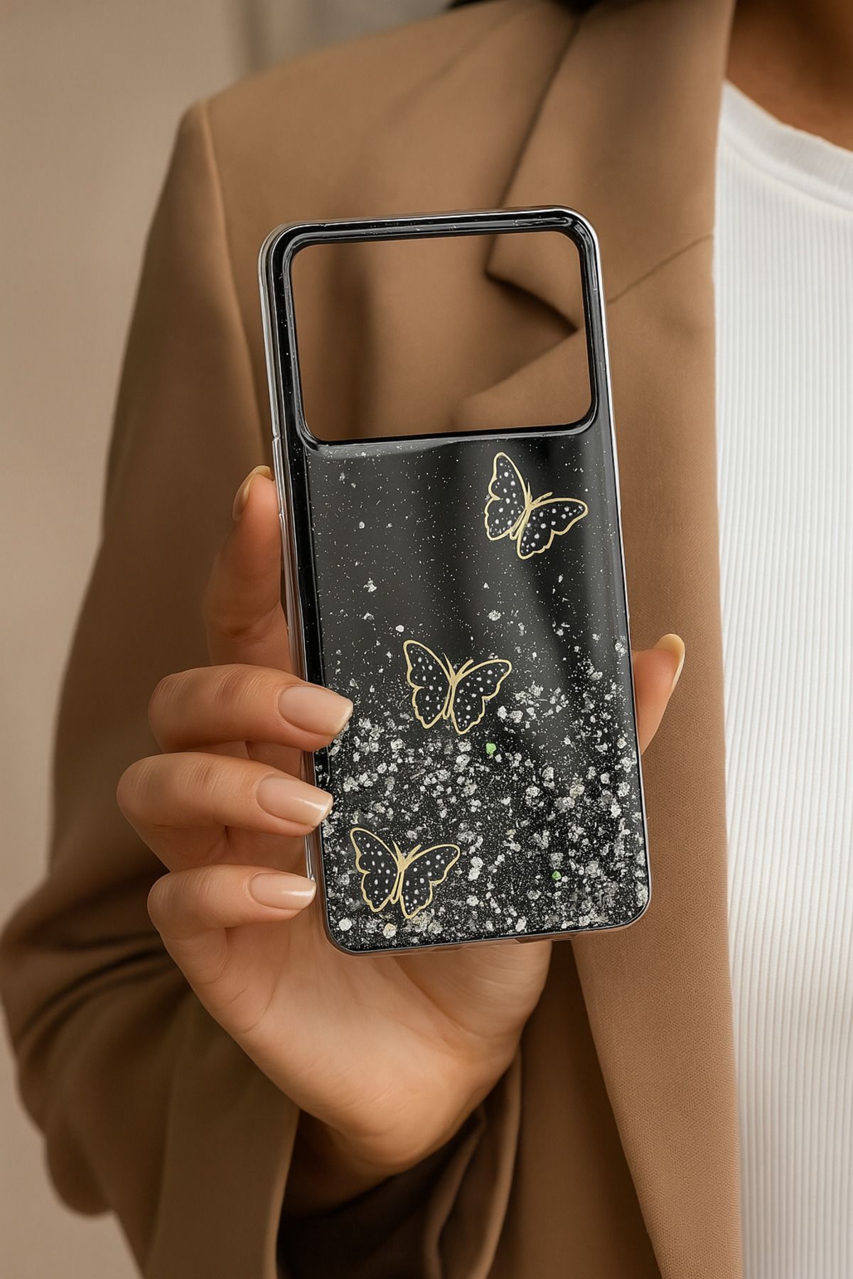 Rivor Poco X6 Pro Uyumlu Kılıf Kamera Çıkıntılı Simli Kelebek Kabartmalı Desenli İnce Premium Kapak