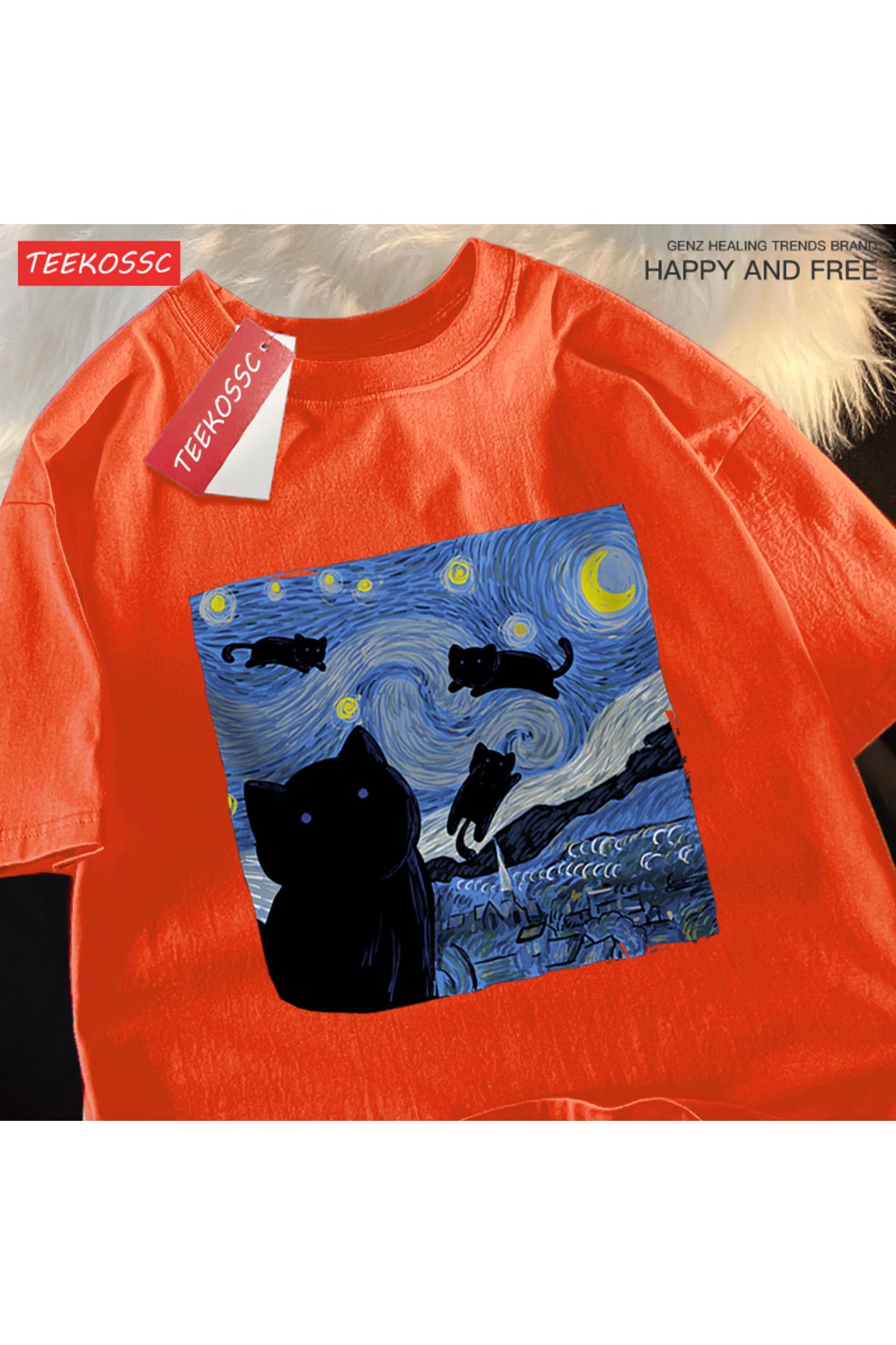 StartMore Y2k Vintage Tişört Tee Yağlıboya yıldızlı kedi gece