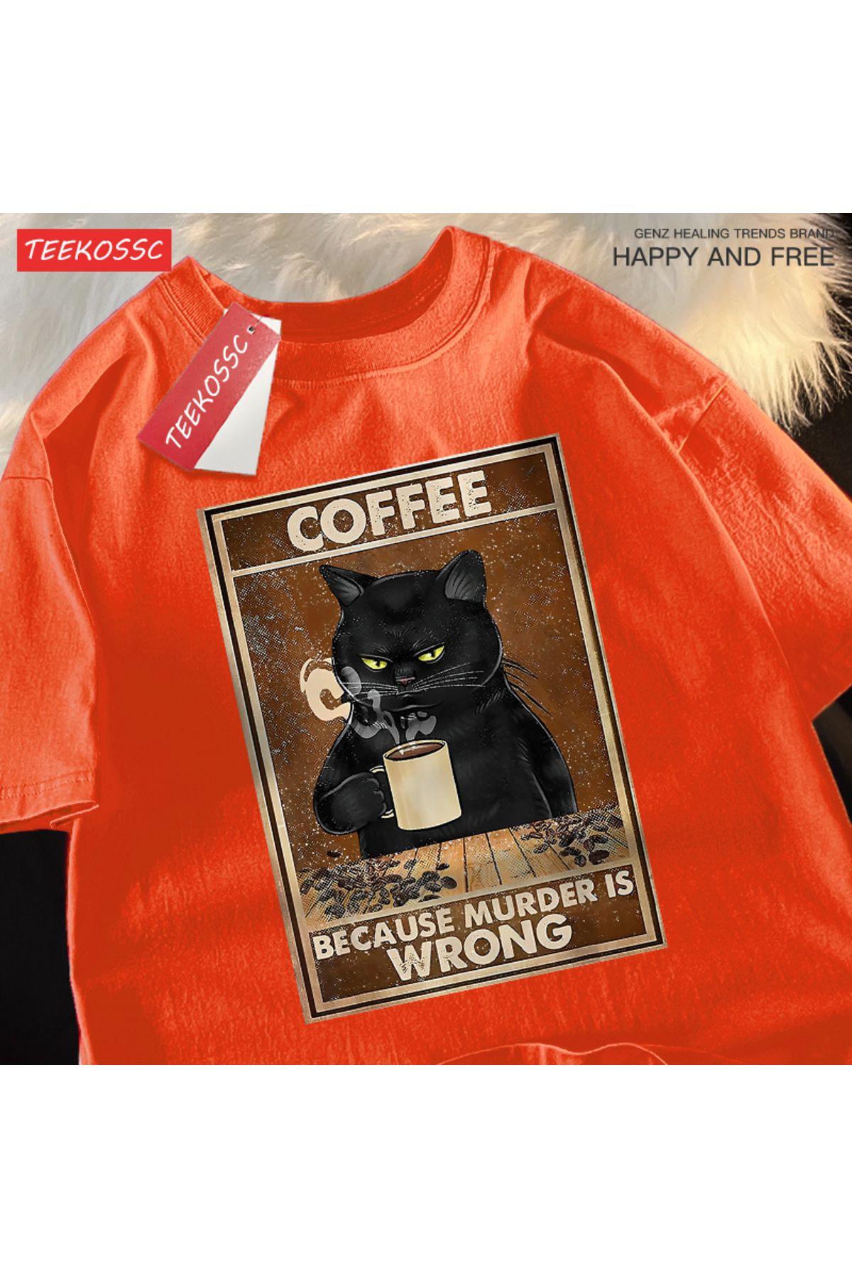 StartMore Y2k Vintage Tişört Tee Çünkü Cinayet Yanlış Siyah Kedi Kahve İçmek
