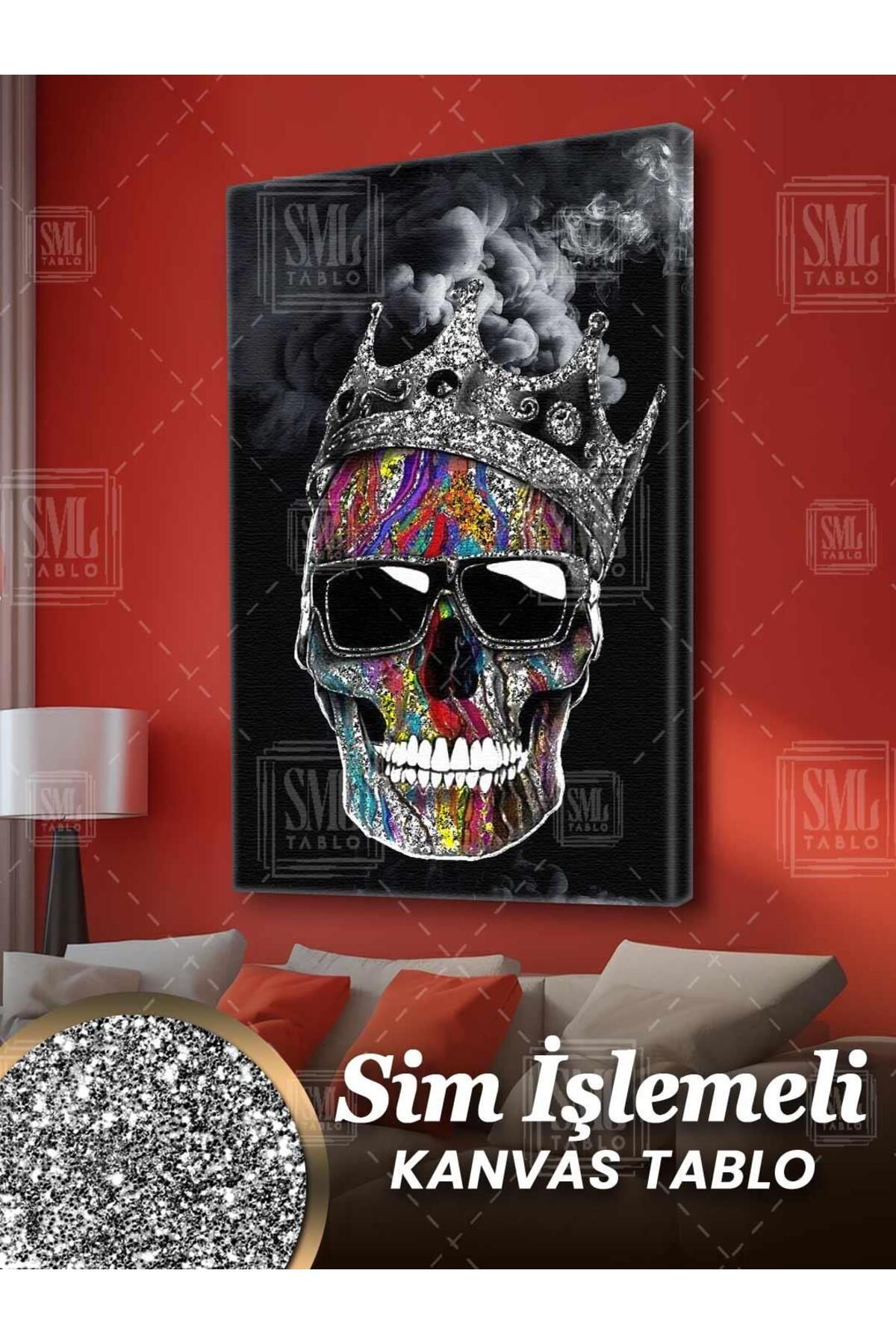 SML TABLO Simli Renkli Surat Gözlük Takmış Pırıltılı Kurukafa Taç Duman Skull Sim İşlemeli Dikey Kanvas Tablo