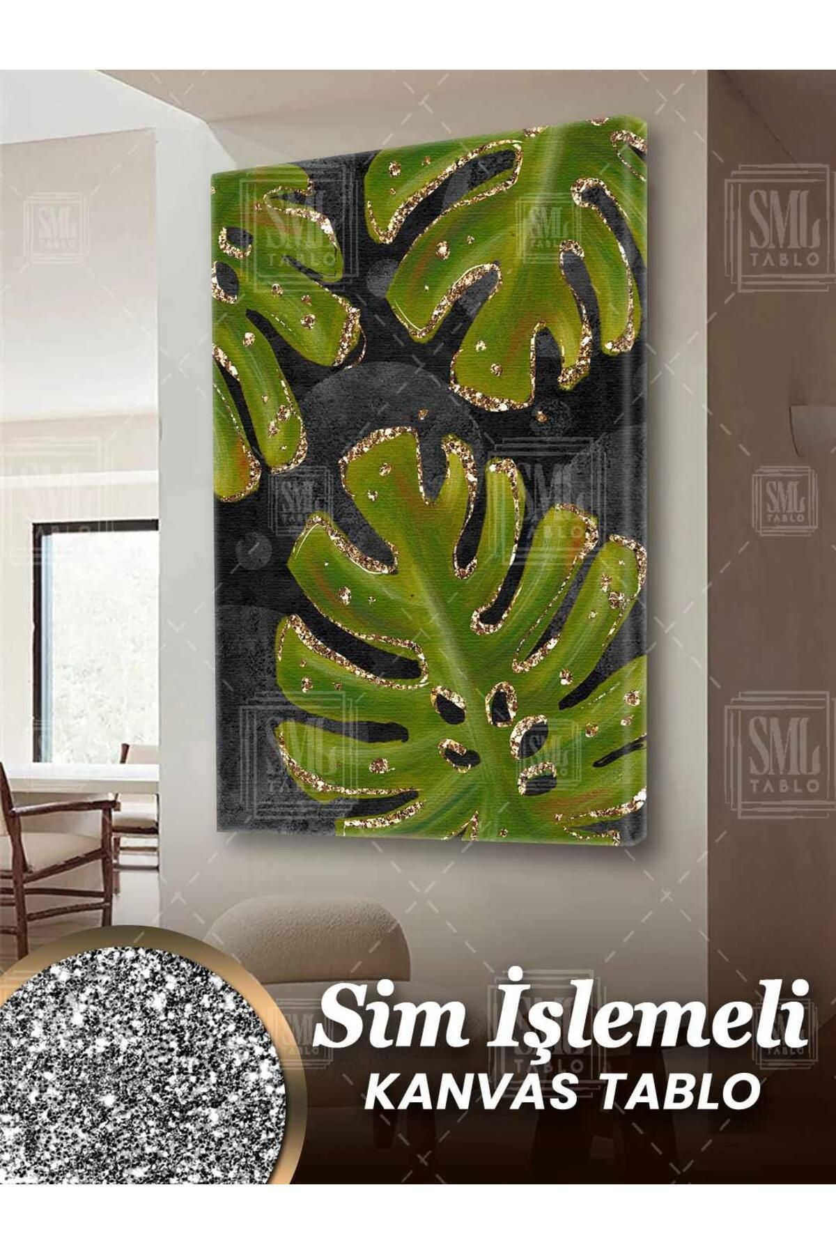 SML TABLO Simli Altın İşlemeli Pırıltılı Yeşil Yaprak Doğa Dekoratif Modern Sim İşlemeli Dikey Kanvas Tablo