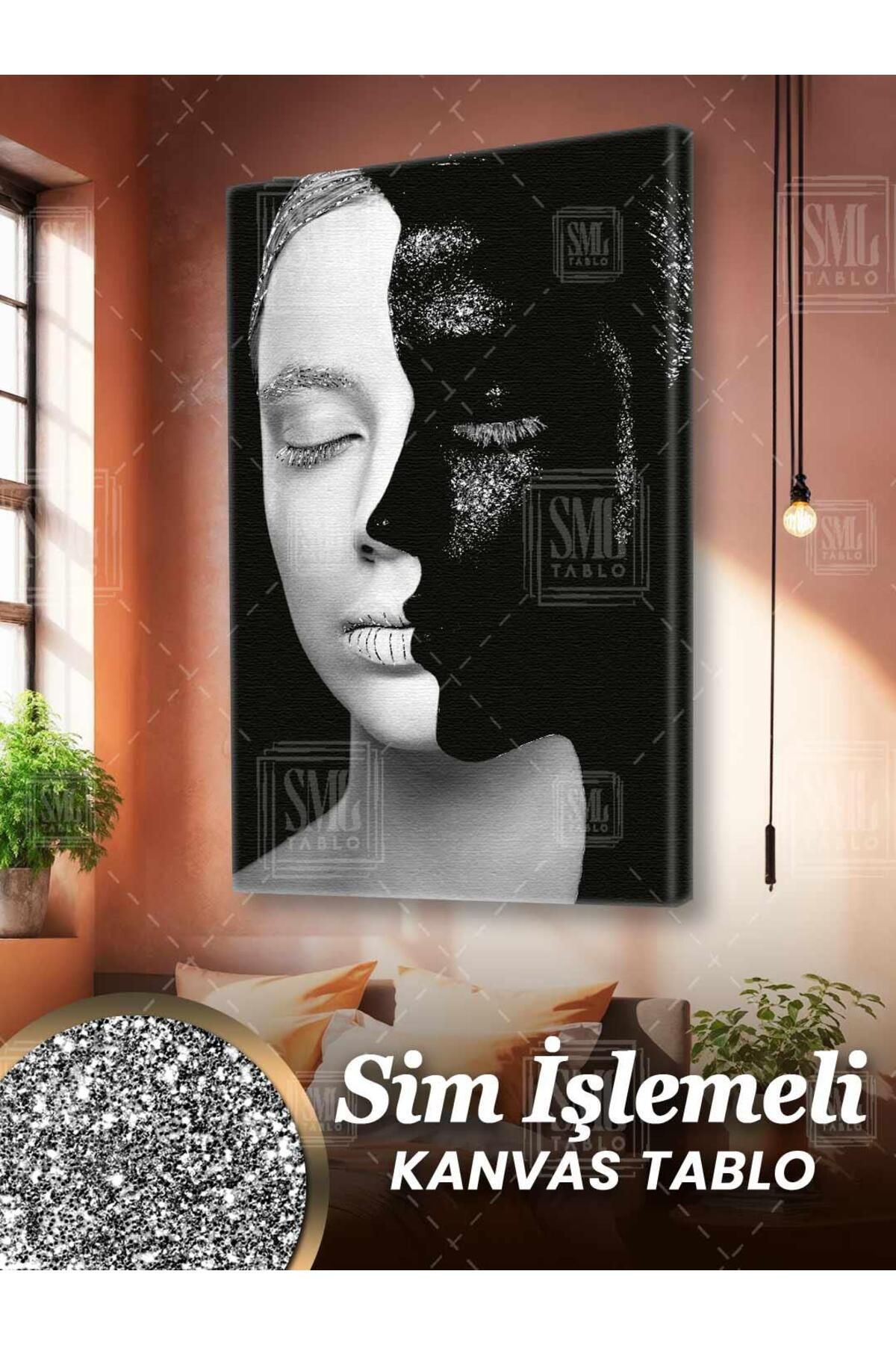 SML TABLO Simli Siyah Beyaz Pırıltılı Makyajlı Kadın Modern İki Yüzlü Sim İşlemeli Dikey Kanvas Tablo