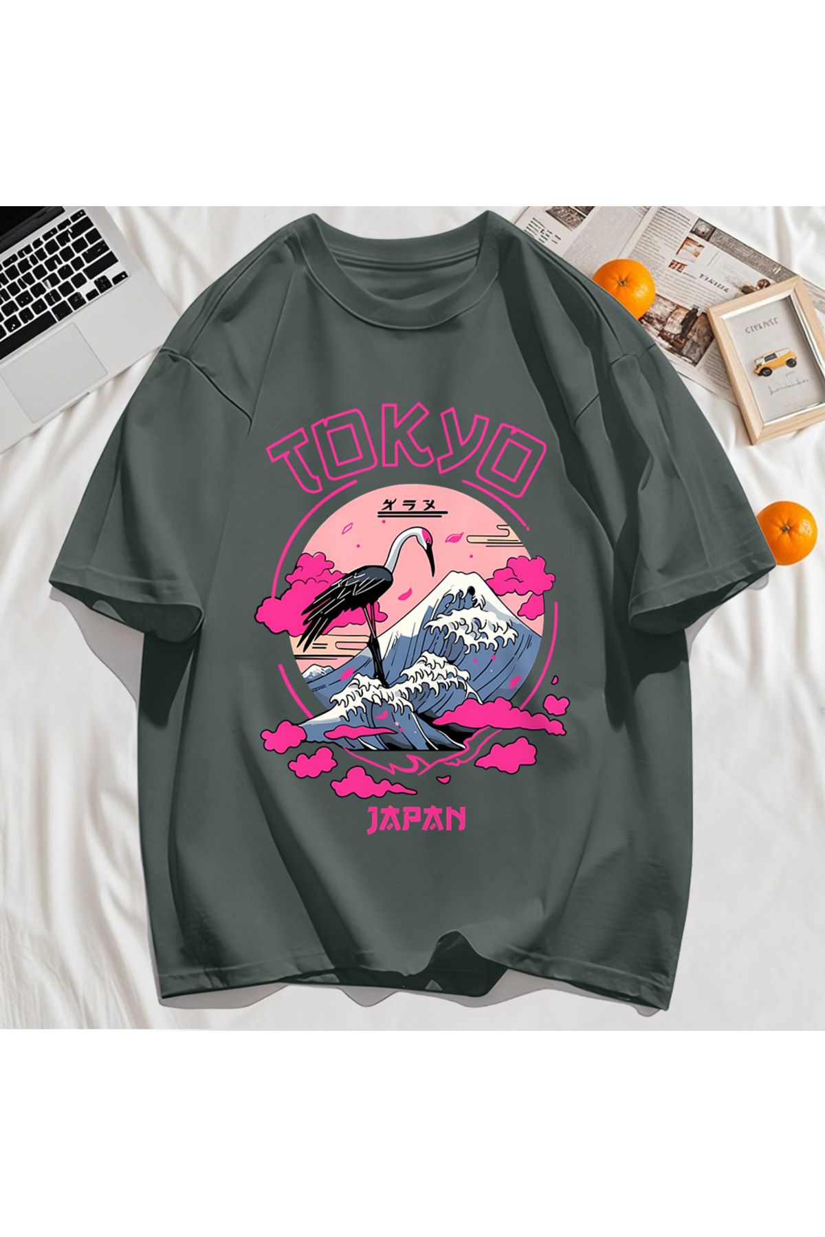 StartMore Y2k Vintage Tişört Tee Tokyo Japonya Harajuku Vinç Desen
