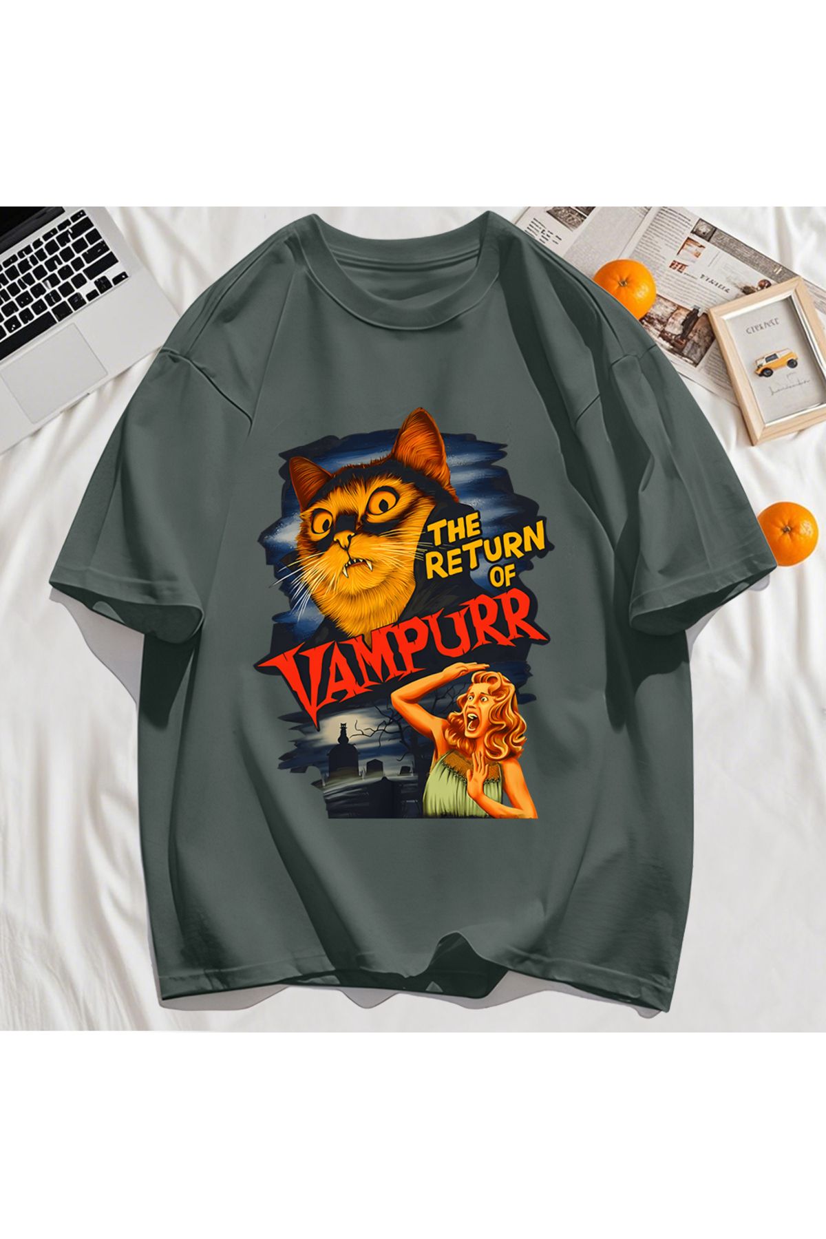 StartMore Y2k Vintage Tişört Tee Büyük bir kedi ve dişleri baskıla