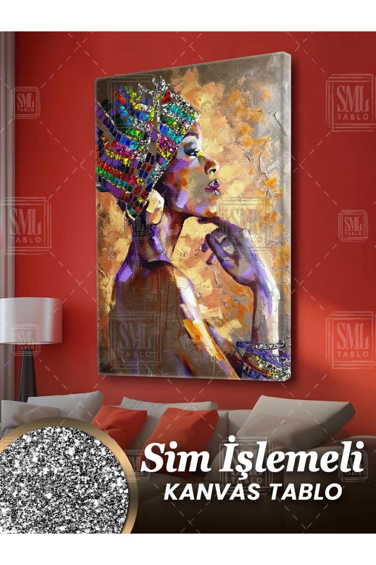 SML TABLO Simli Afrikalı Kadın Etnik Pırıltılı Geleneksel Kıyafet Sim İşlemeli Dikey Kanvas Tablo