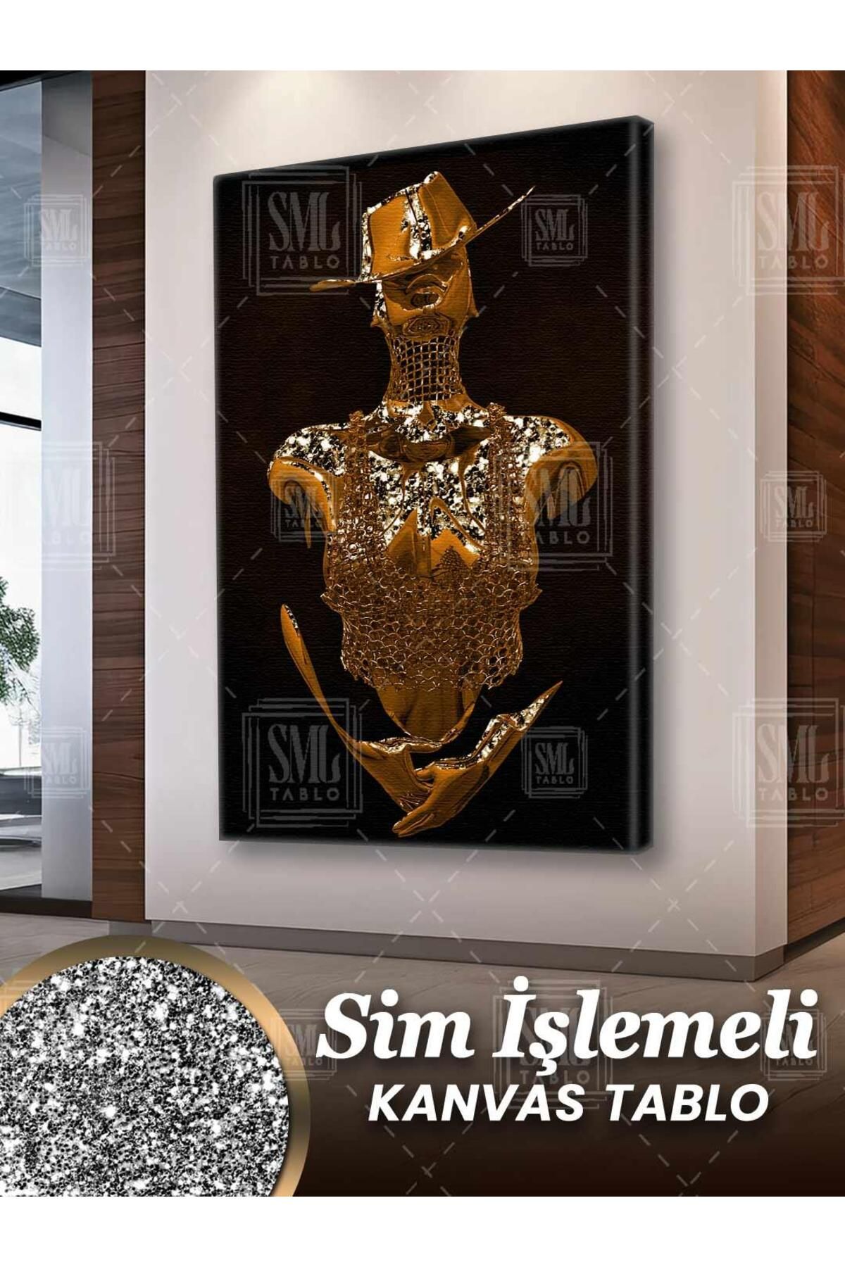 SML TABLO Simli Metal Zincirli Zırh Pırıltılı Bronz Şapkalı Kadın Sim İşlemeli Dikey Kanvas Tablo