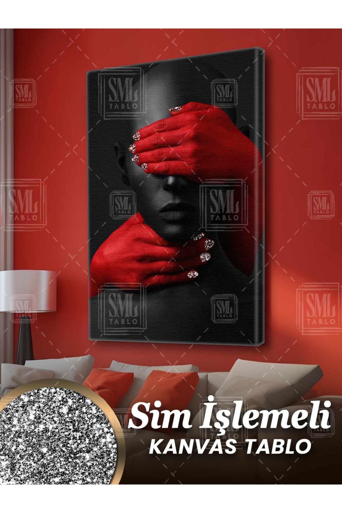 SML TABLO Simli Gözleri Kapalı Afrikalı Kadın Kırmızı Pırıltılı Eller Woman Sim İşlemeli Dikey Kanvas Tablo