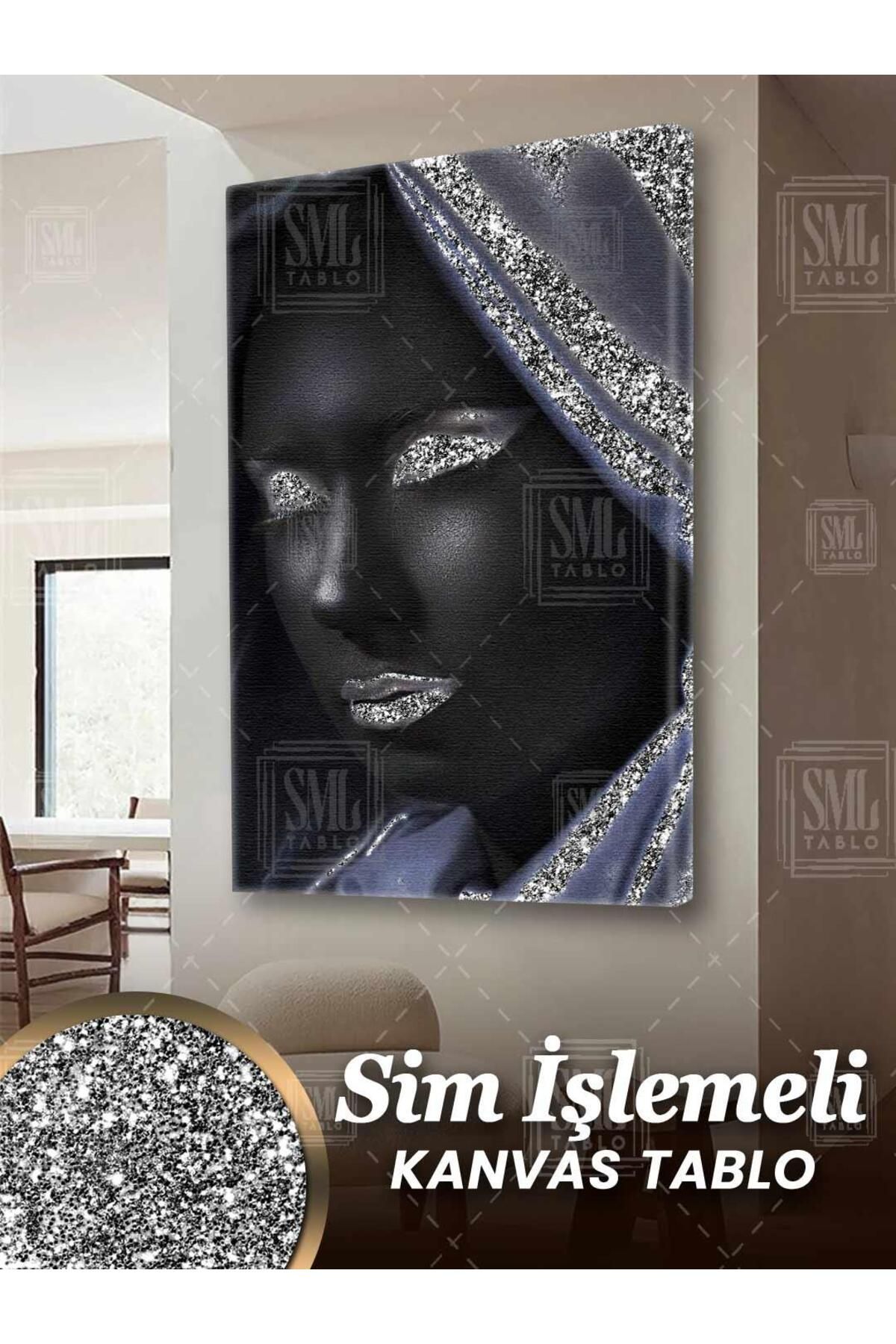 SML TABLO Simli Afrikalı Kadın Eşarp Gümüş Pırıltılı Ruj African Woman Sim İşlemeli Dikey Kanvas Tablo