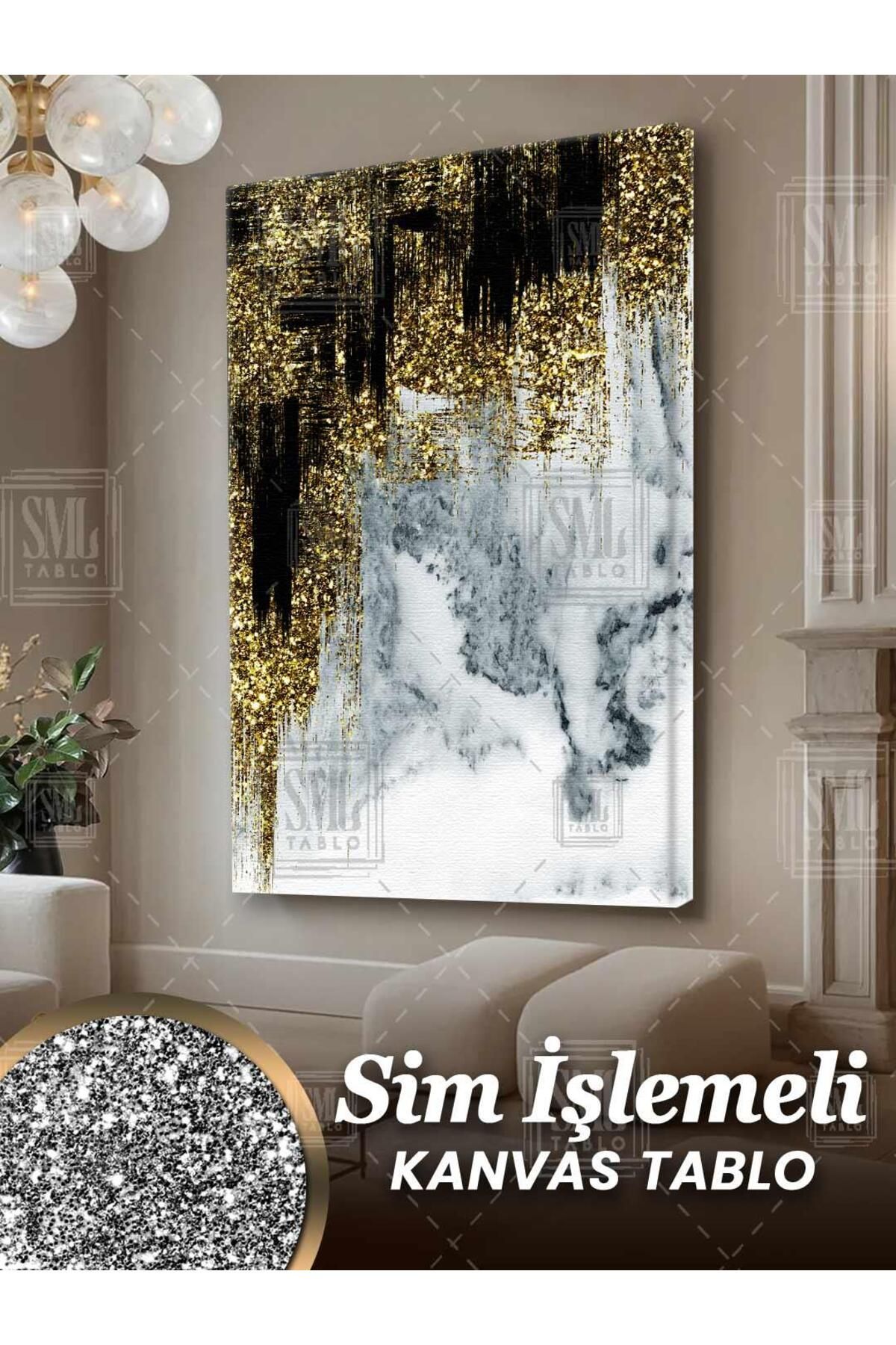 SML TABLO Simli Altın Mermer Modern Gold Dekoratif Pırıltılı Siyah Sim İşlemeli Dikey Kanvas Tablo