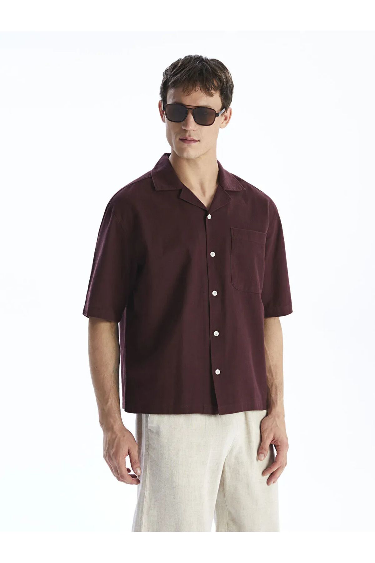 LC Waikiki LCW Vision Bordo Regular Fit Resort Yaka Kısa Kollu Poplin Erkek Gömlek