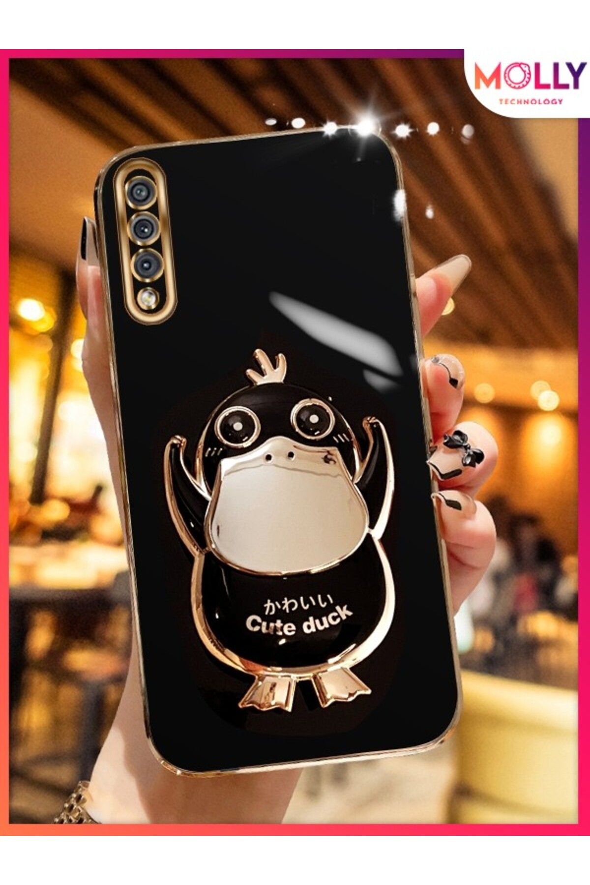 Molly Samsung Galaxy A70 İçin Siyah Sevimli Ördek Standlı Kenarları Gold Detaylı Lüks Silikon Kılıf