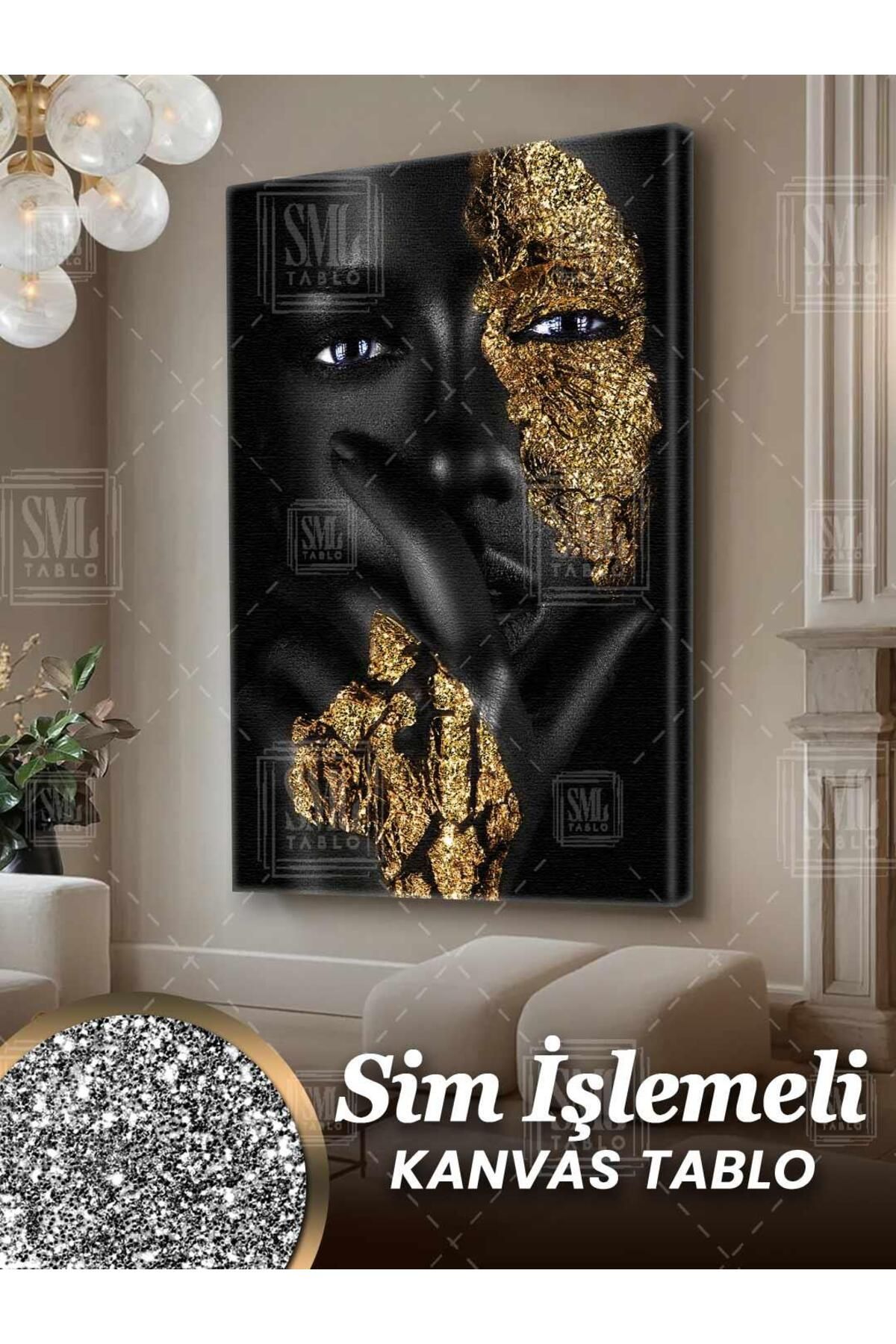 SML TABLO Simli Altın Pırıltılı Makyajlı Afrikalı Kadın Gold Sim İşlemeli Dikey Kanvas Tablo