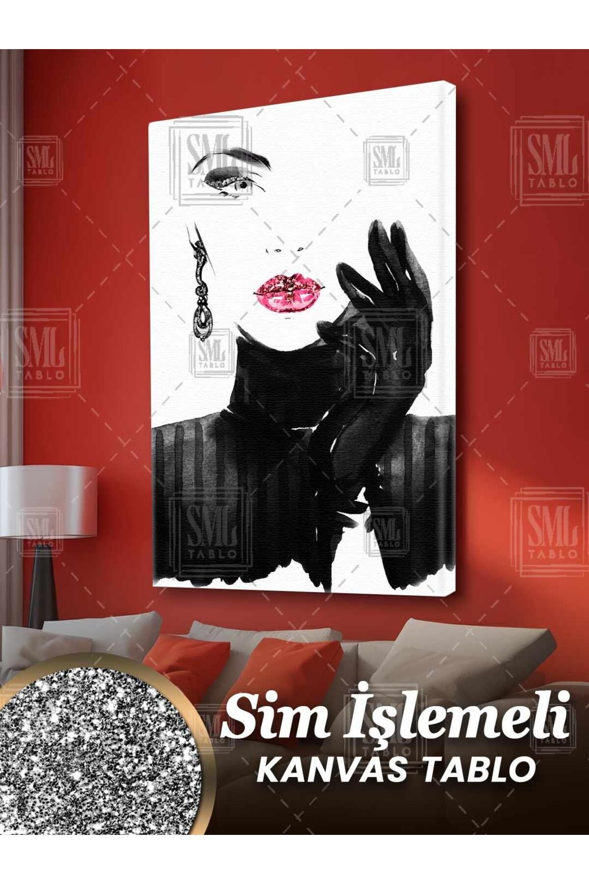 SML TABLO Simli Kırmızı Pırıltılı Rujlu Kadın Model Soyut Sim İşlemeli Dikey Kanvas Tablo
