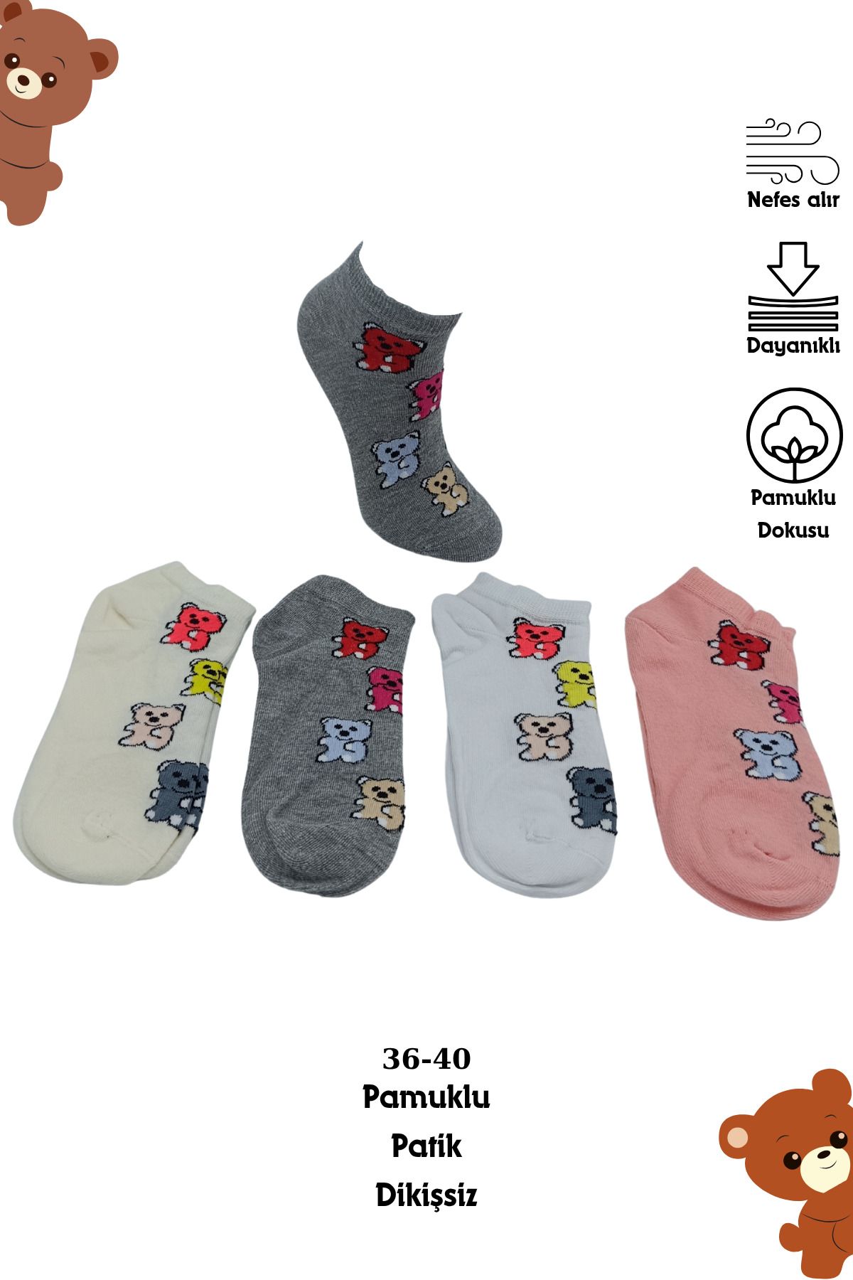 stellare Kadın 4 Çift Sevimli Ayıcık Desenli Penye Patik Çorap Dikişsiz Premium