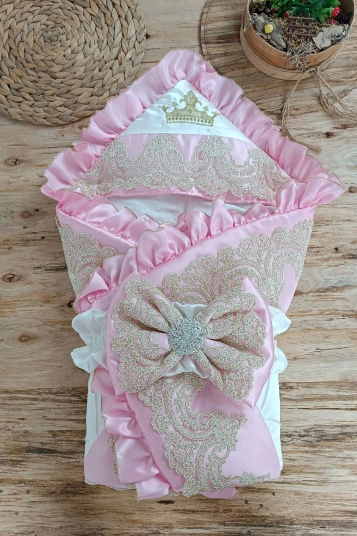 shopwave Yenidoğan Grand Lüks Kelebek Ağır Güpür İşlemeli Şapkalı Bebek Battaniyesi Kundak