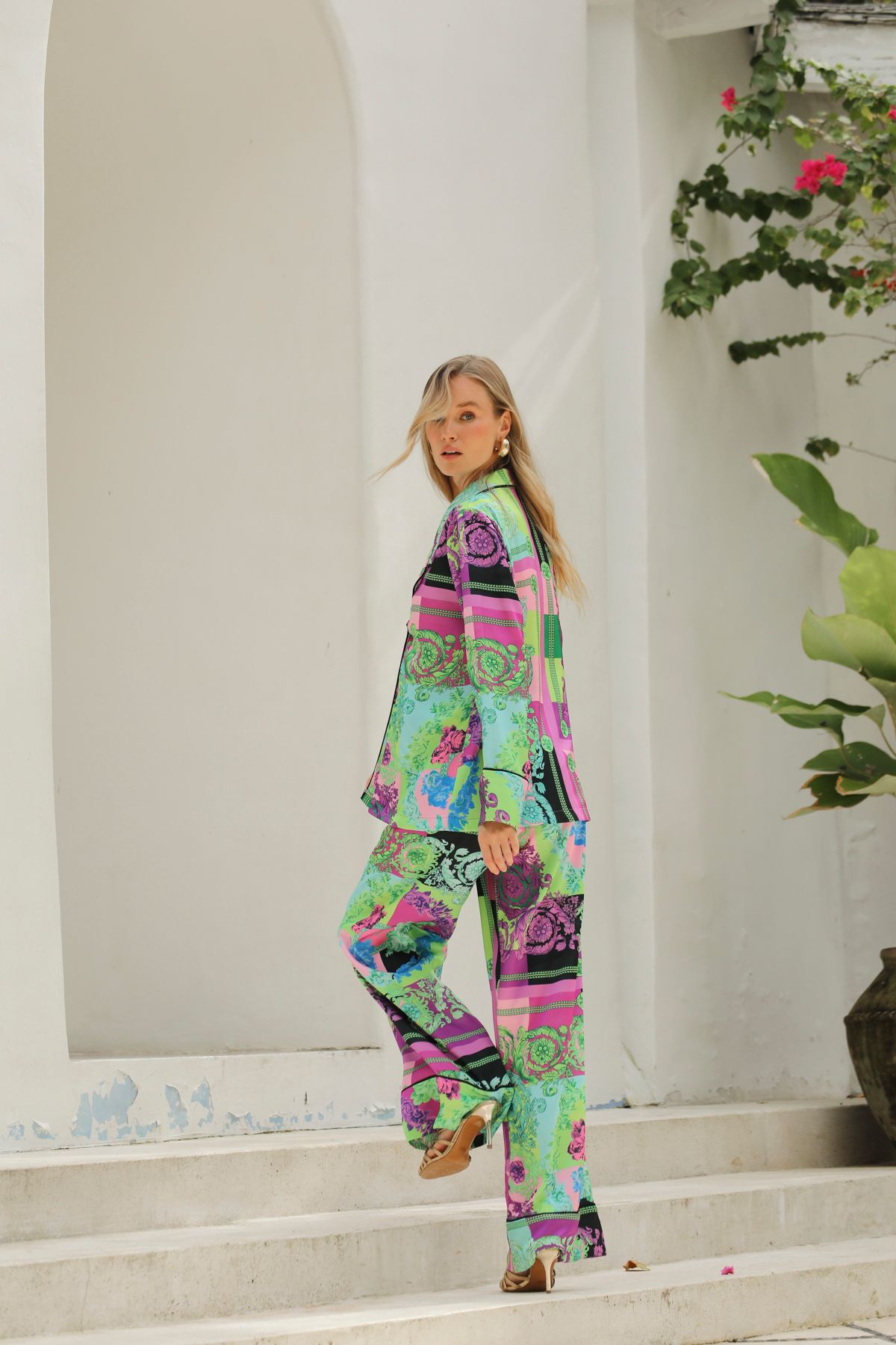 MODA MAİSON JESSIE ANAIS PANTOLON TAKIM - %100 İPEK SATEN MOR DESENLİ