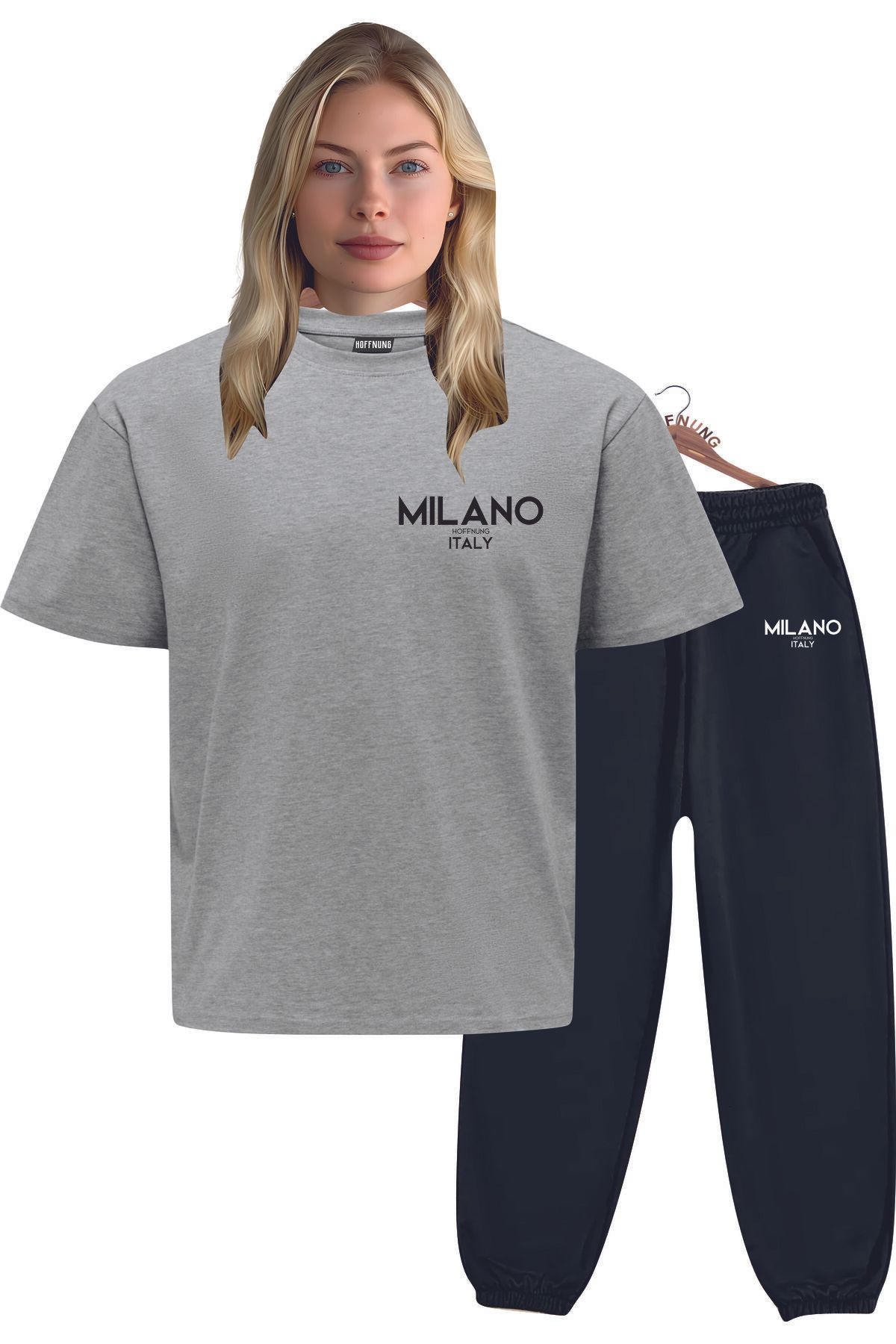HOFFNUNG Unisex Erkek/Kadın Bisiklet Yaka MILANO ITALY baskılı Alt Üst eşofman Takım