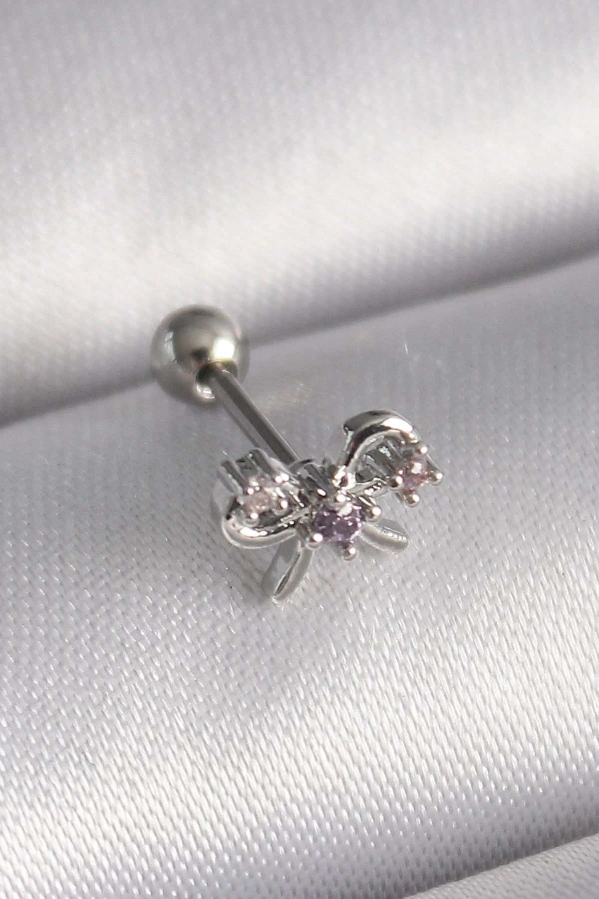 shopwave 316L Çelik Gümüş Renk Zirkon Taşlı Kurdele Tragus Piercing