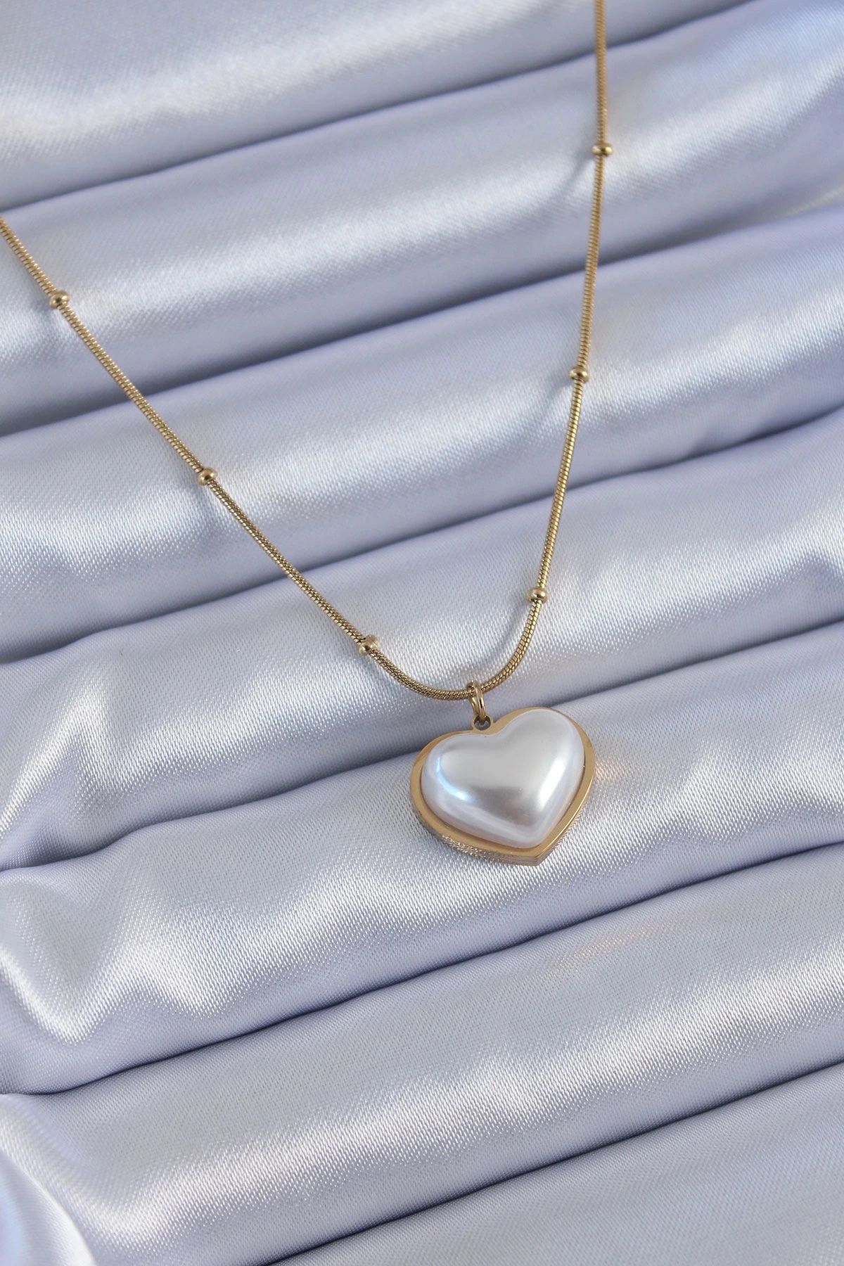 shopwave 316L Çelik Gold Renk İncili Kalp Model Minimal Top Detay Kadın Kolye