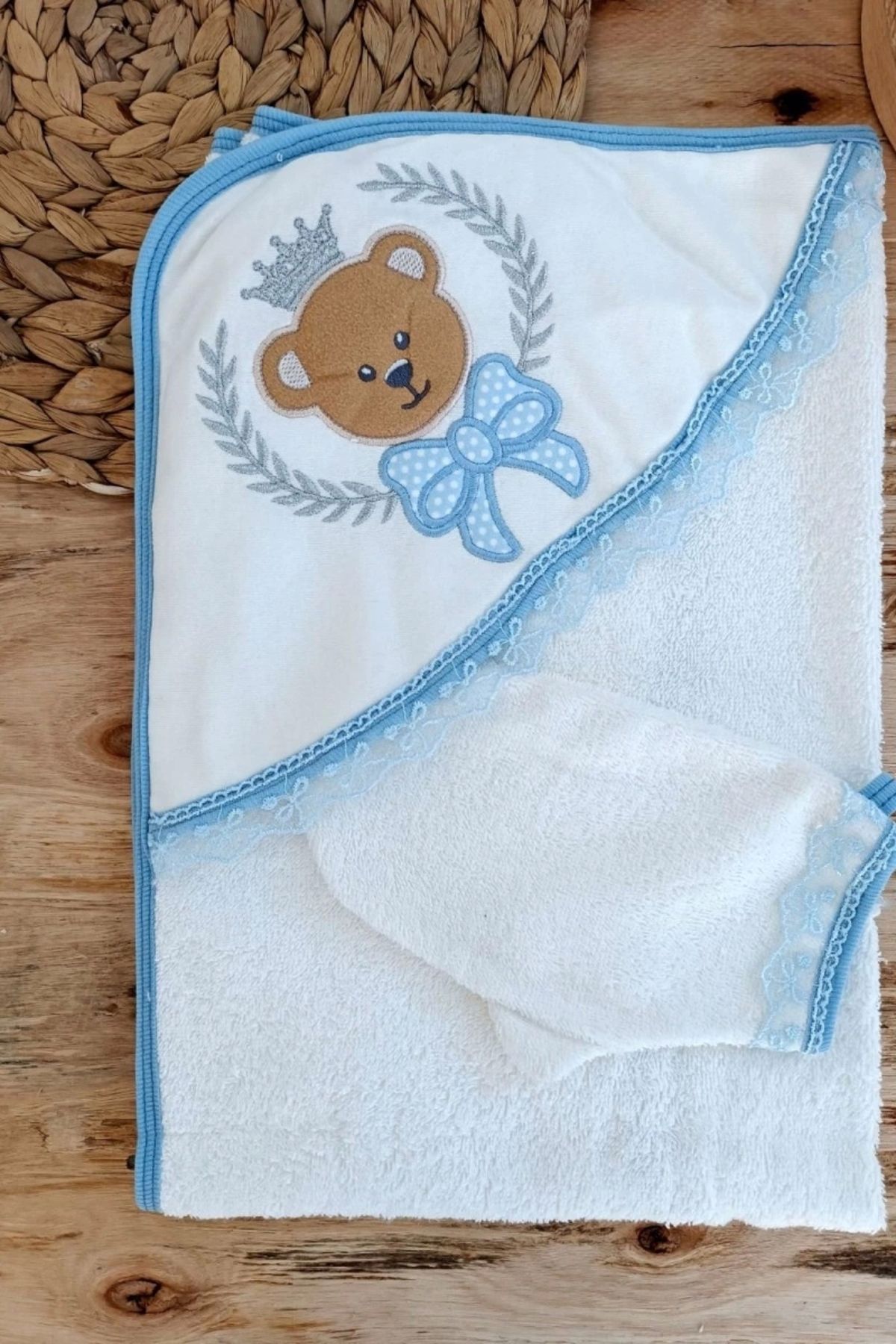 shopwave 0-1 Yaş Bear Nakışlı El Keseli 2li Erkek Bebek Havlu Takımı