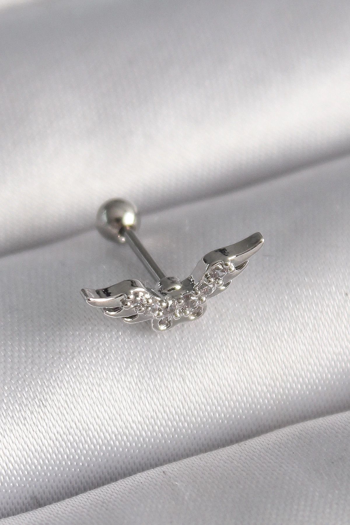 shopwave 316L Çelik Gümüş Renk Zirkon Taş Detay Kanat Model Tragus Piercing