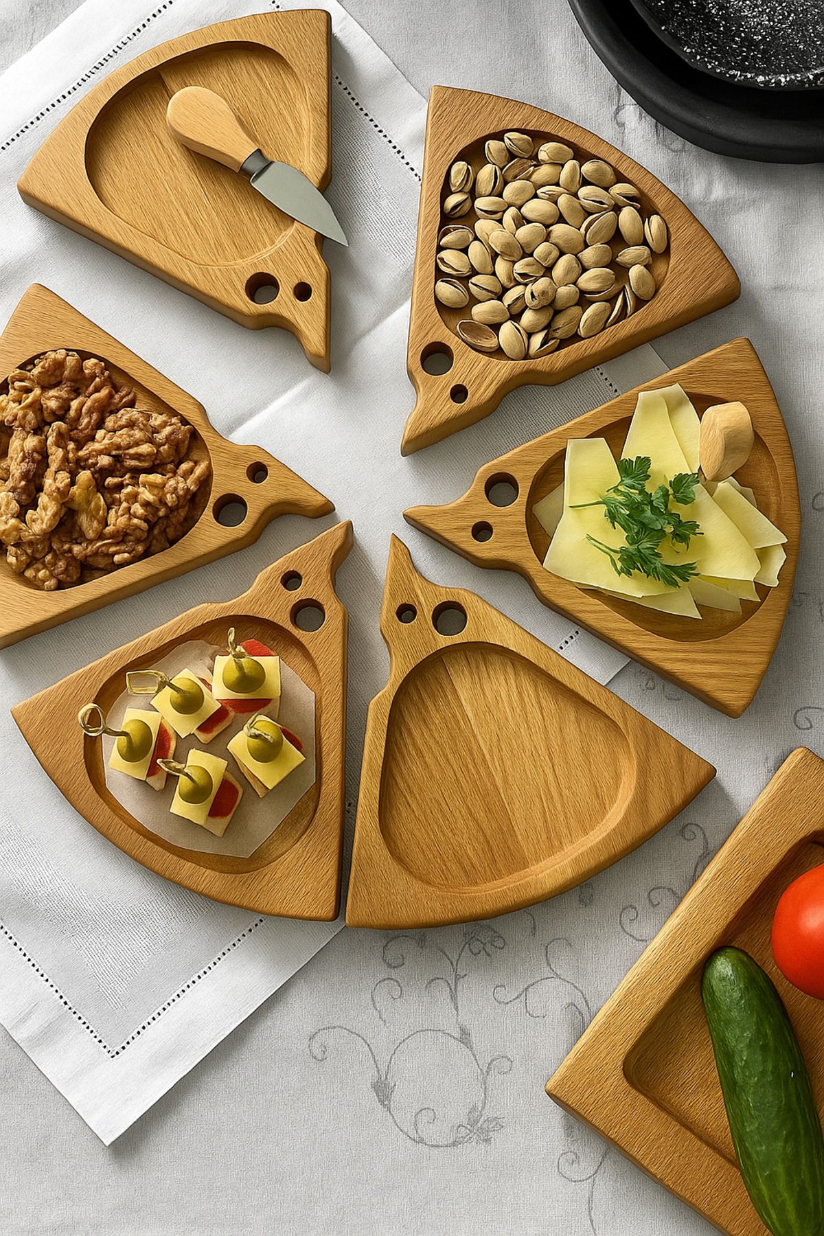 nicefrog Pizzafix 6 Parça Doğal Çam Ağacı Ahşap Sunum ve Servis Tabağı 33x30 cm