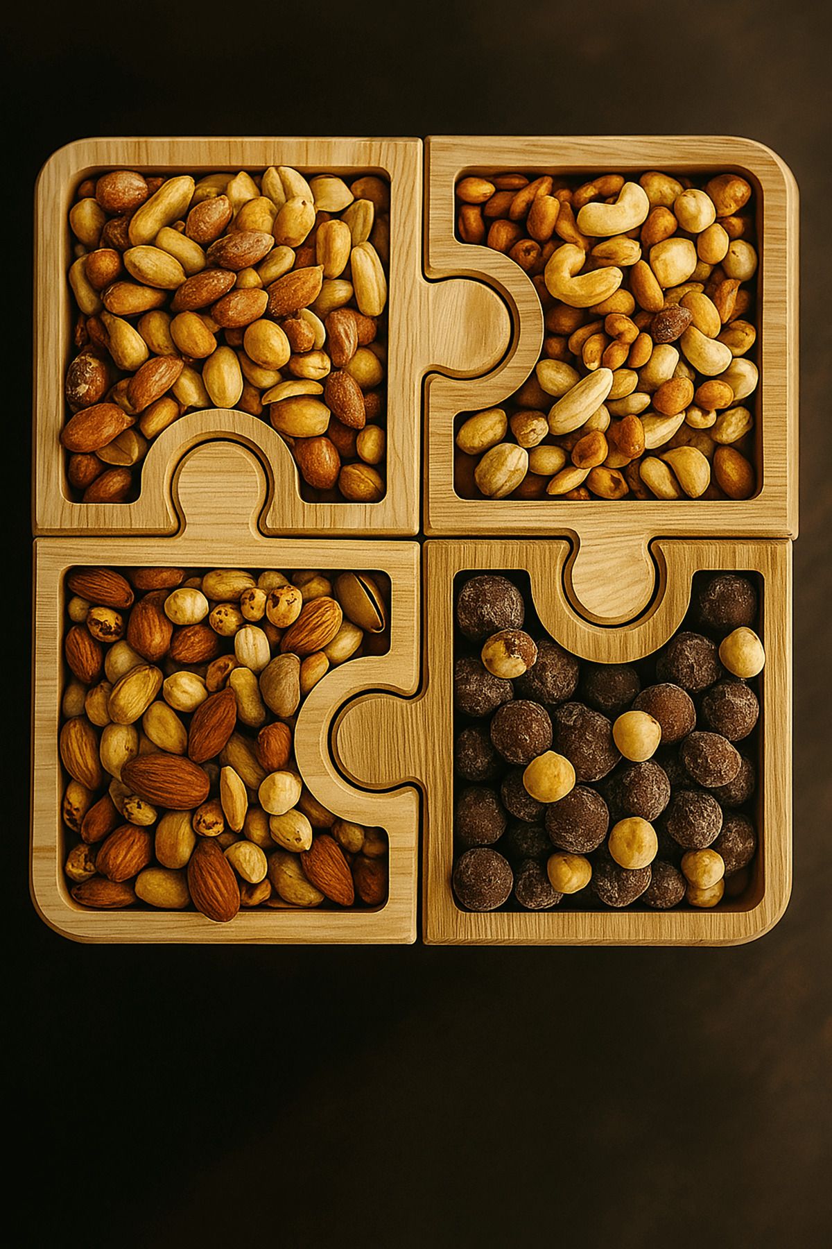 nicefrog Groovy Puzzle Tasarımlı Ahşap Kuruyemiş ve Sunum Tabağı Seti