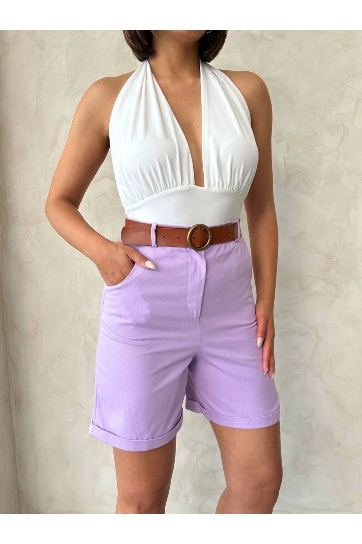ufukmoda Kemerli gabardin şort lila s25735