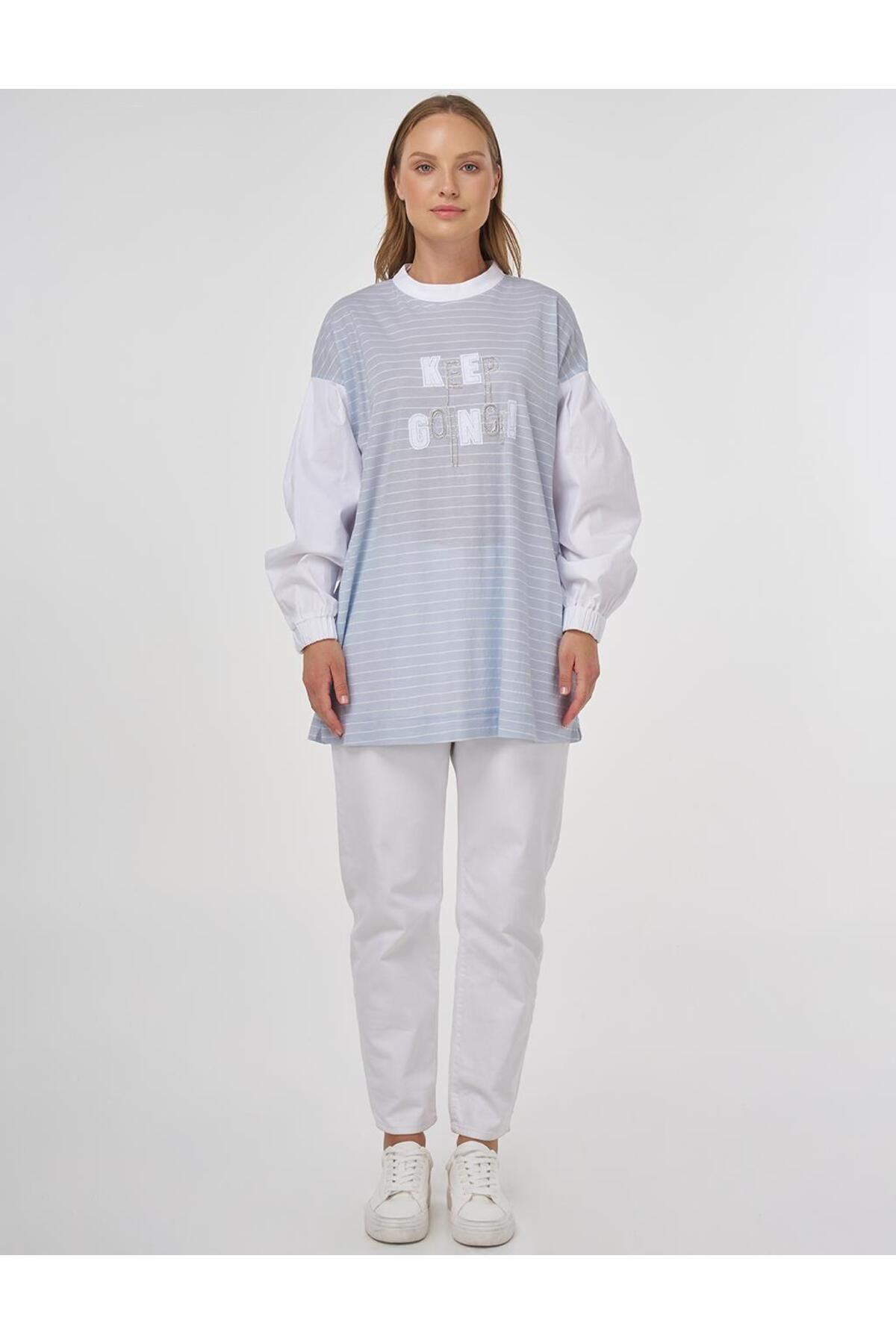 Kayra-Slogan Line Pattern Tunic Light Blue 3