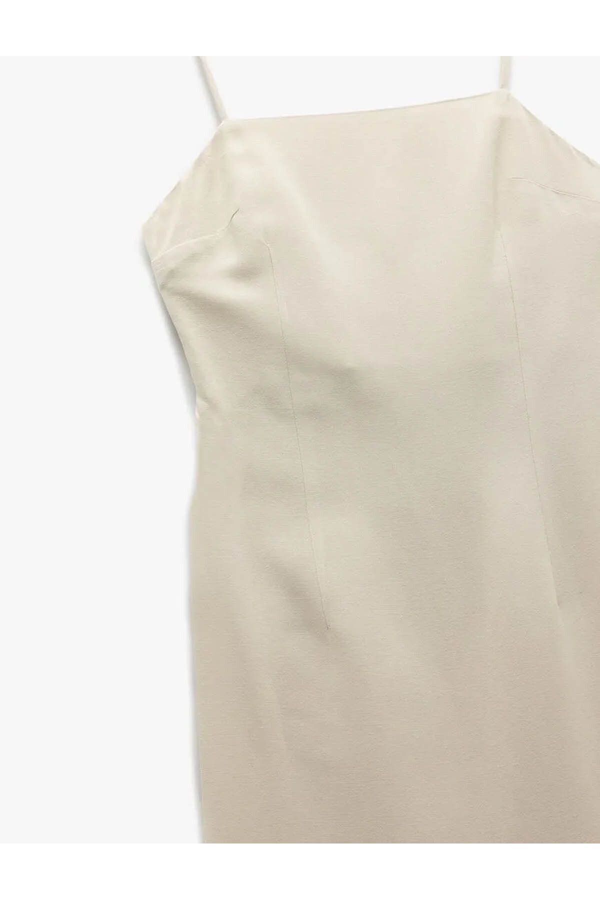 Viskon - Keten Karışımlı Slim Fit İnce Askılı Midi Boy Elbise