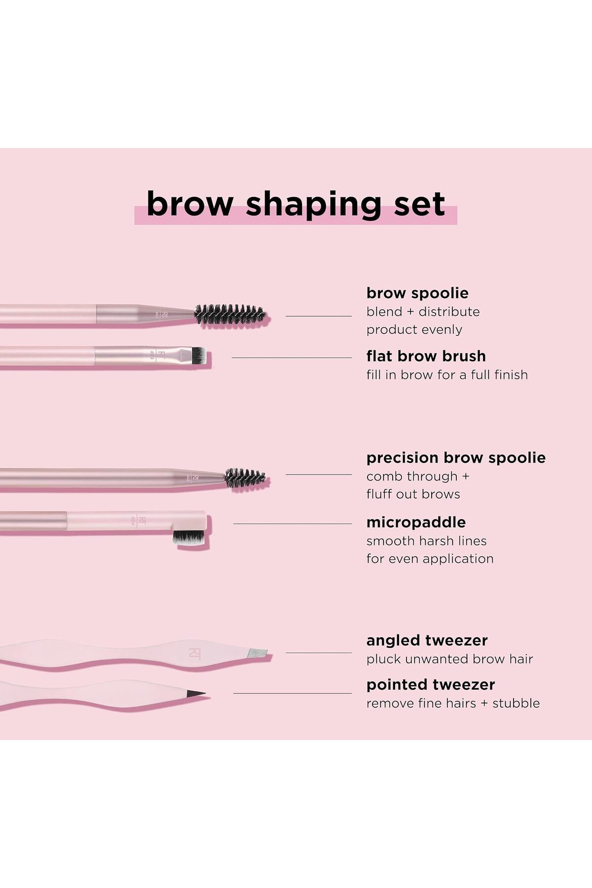 Real Techniques-Brow Shaping Set, Spoolie, Brow Brushes, Tweezers, Dual-Ended Eyebrow Tools, 3Pcs 3