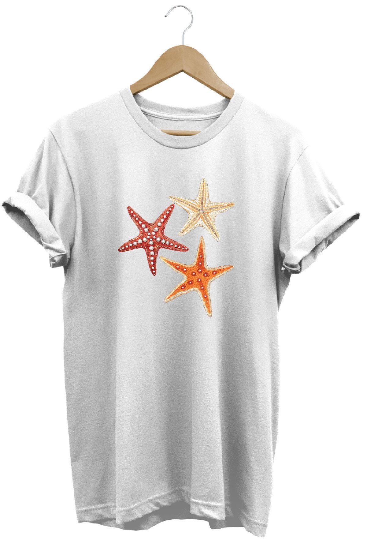 onsrawear Şık Deniz Yıldızı Tasarım Baskılı Yazlık Unisex %100 Pamuk Basic T-shirt