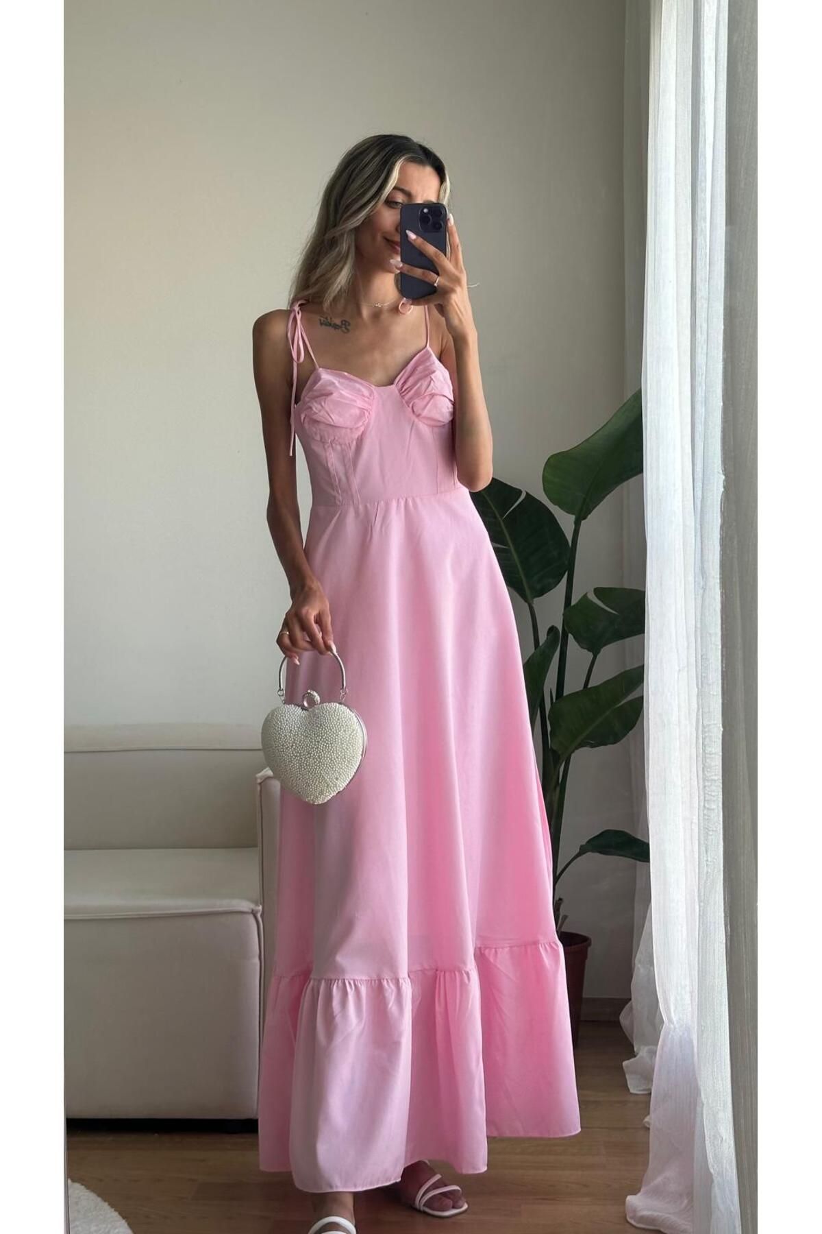MODA Kadın Pembe Omuzları Bağlamalı Vual Midi Elbise