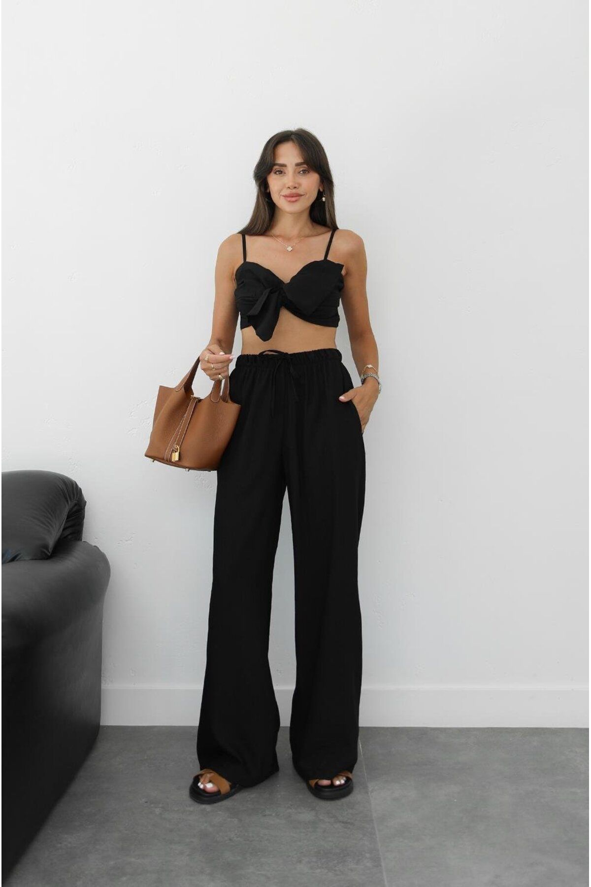 Havoş Siyah Dedio Fiyonklu Crop Pantolon Takım