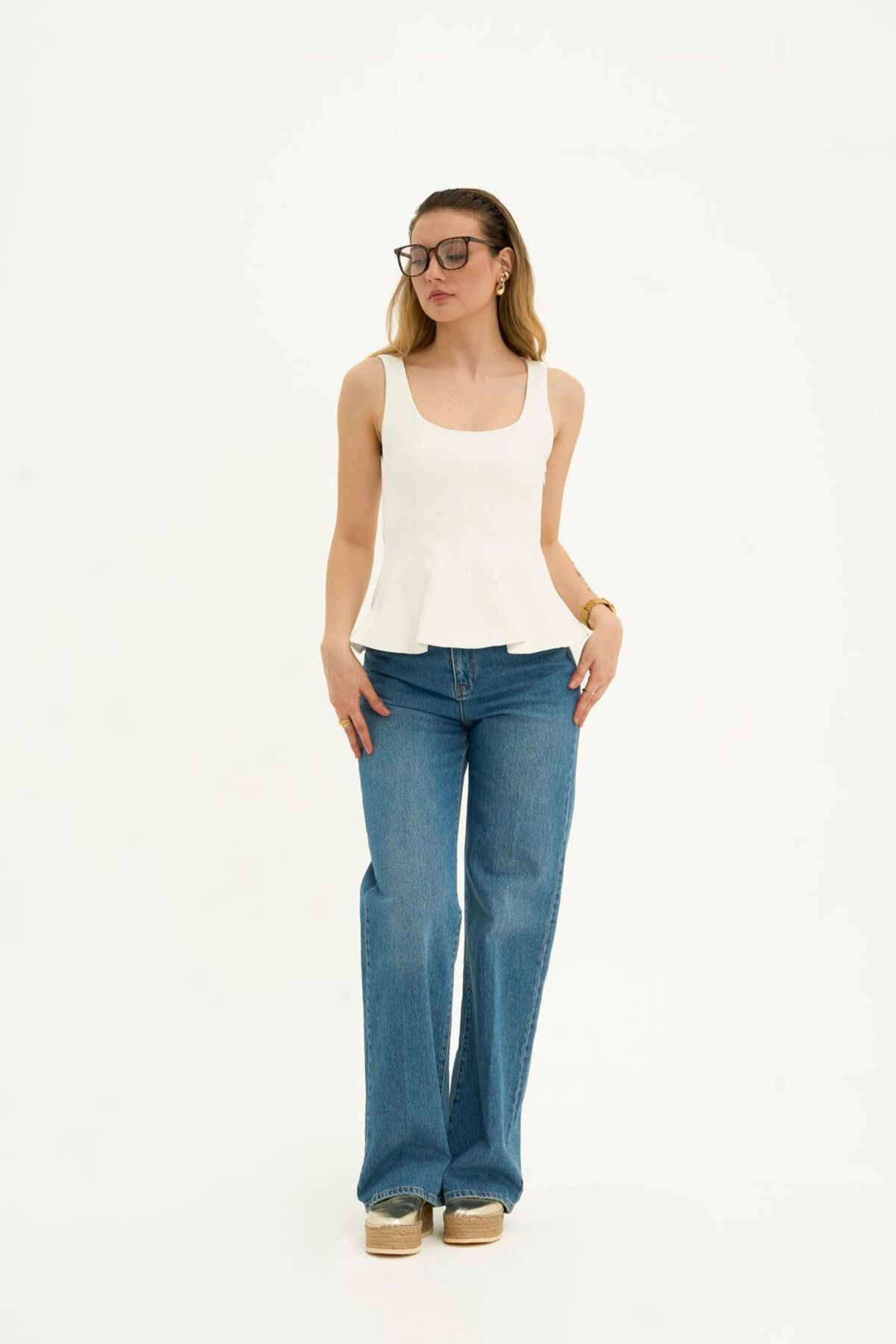 roibyardaözmen Kare Yaka Peplum Top-Ekru