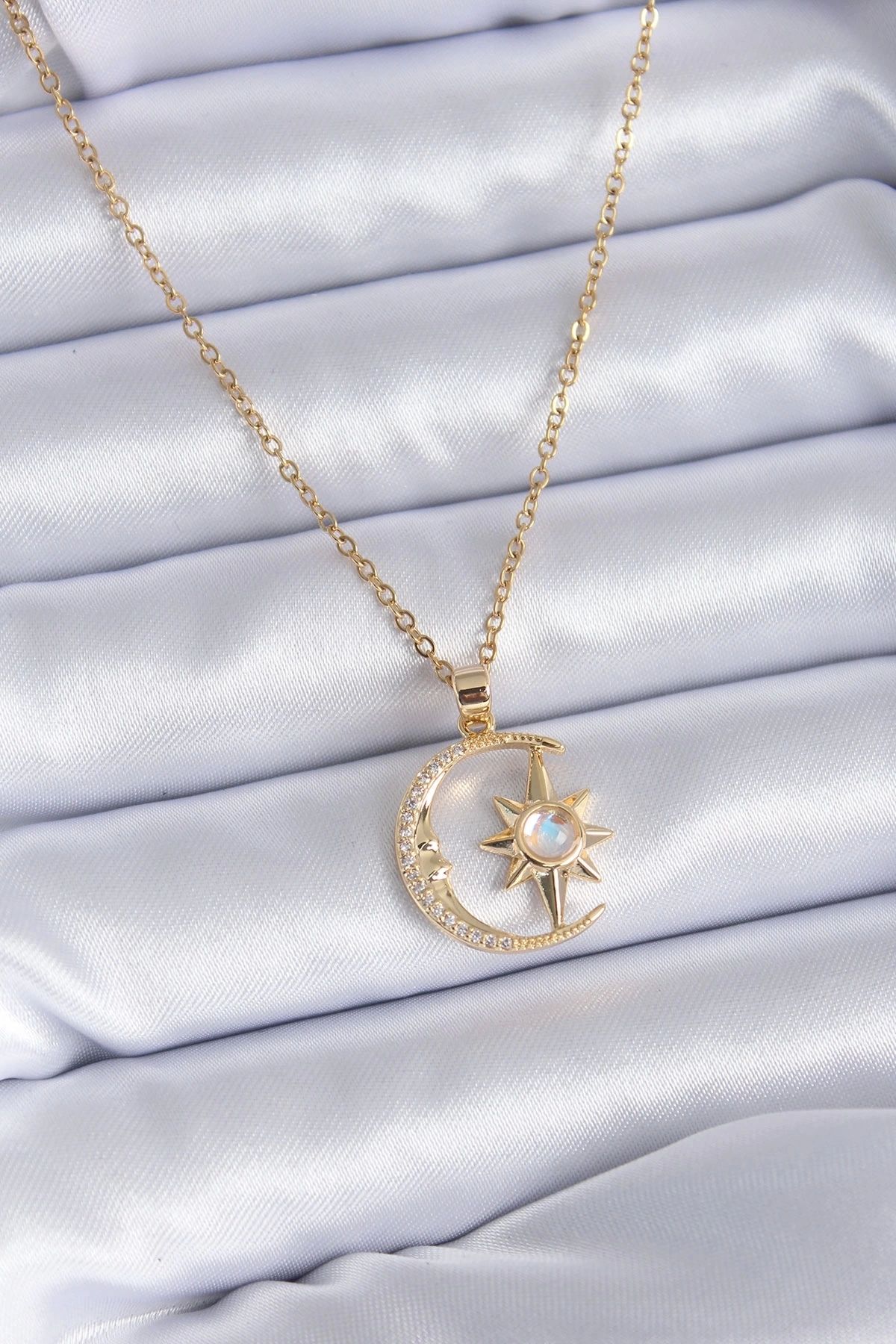 shopwave 316L Çelik Gold Renk Zirkon Taşlı Ay Yıldız Model Kadın Kolye - TJ-BKO7688