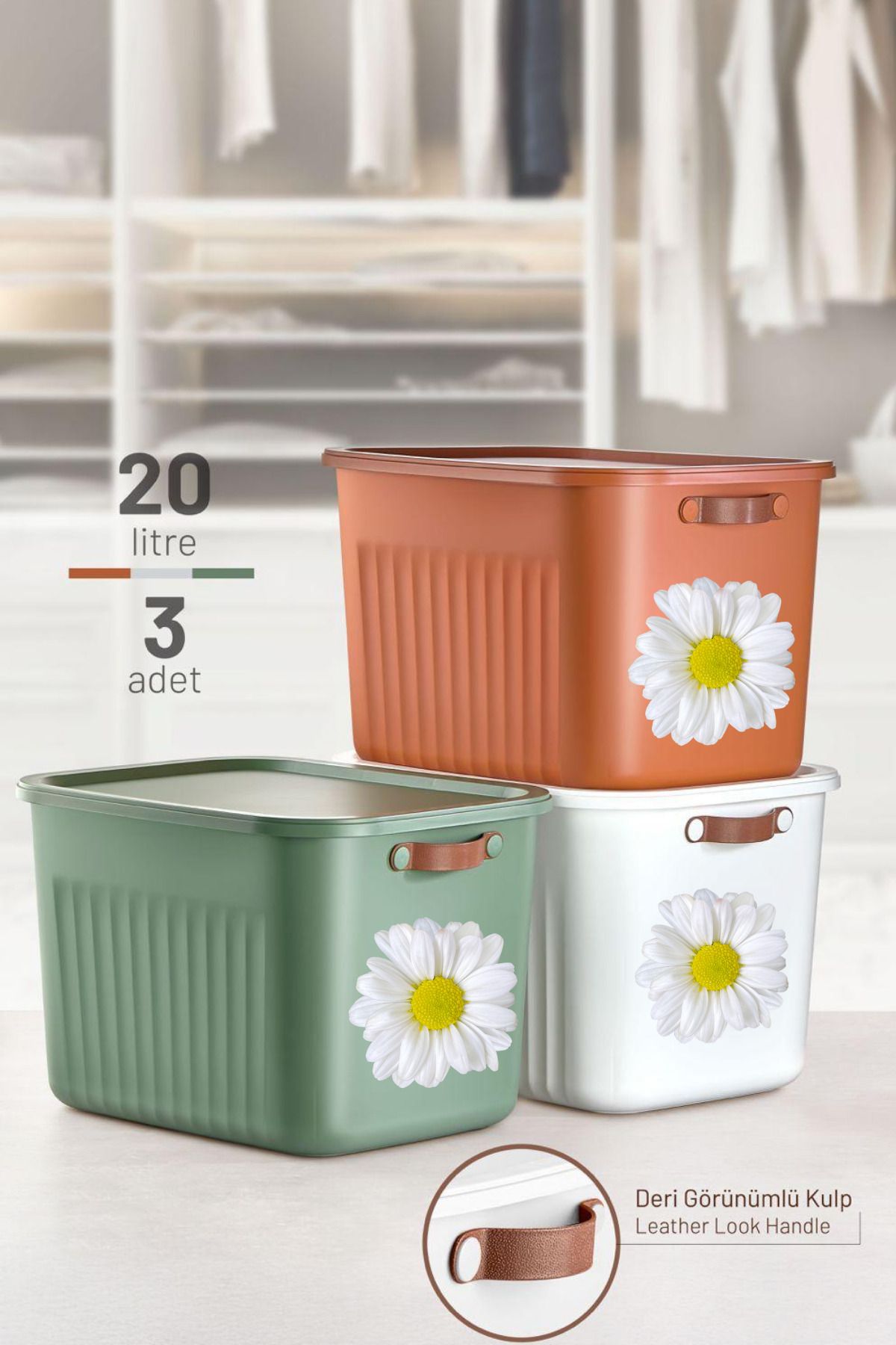 hemlife 3 ADET YENİ Saklama Kutusu JUMBO BOY 20 LT Plastik Düzenleyici Depolama Kutusu(Kiremit,Yeşil,Beyaz)