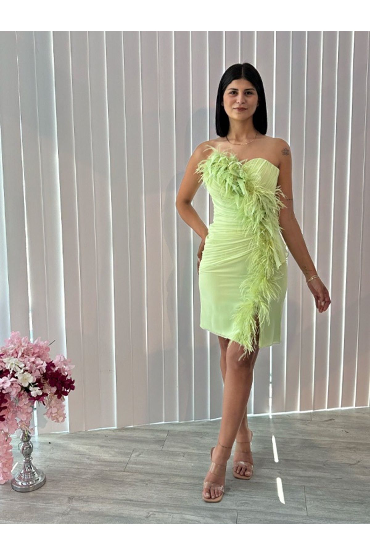 Always Dress Elma yeşili kısa detaylı elbise