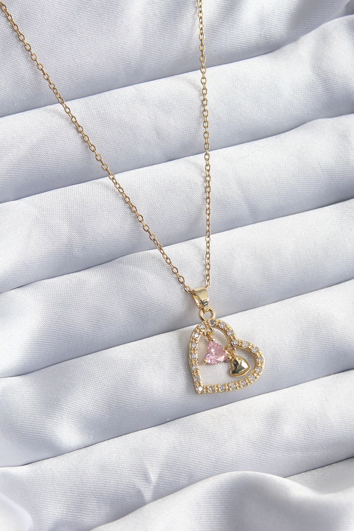 shopwave 316L Çelik Gold Renk Zincir Zirkon Taşlı Kalp Model Kadın Kolye - TJ-BKO7999