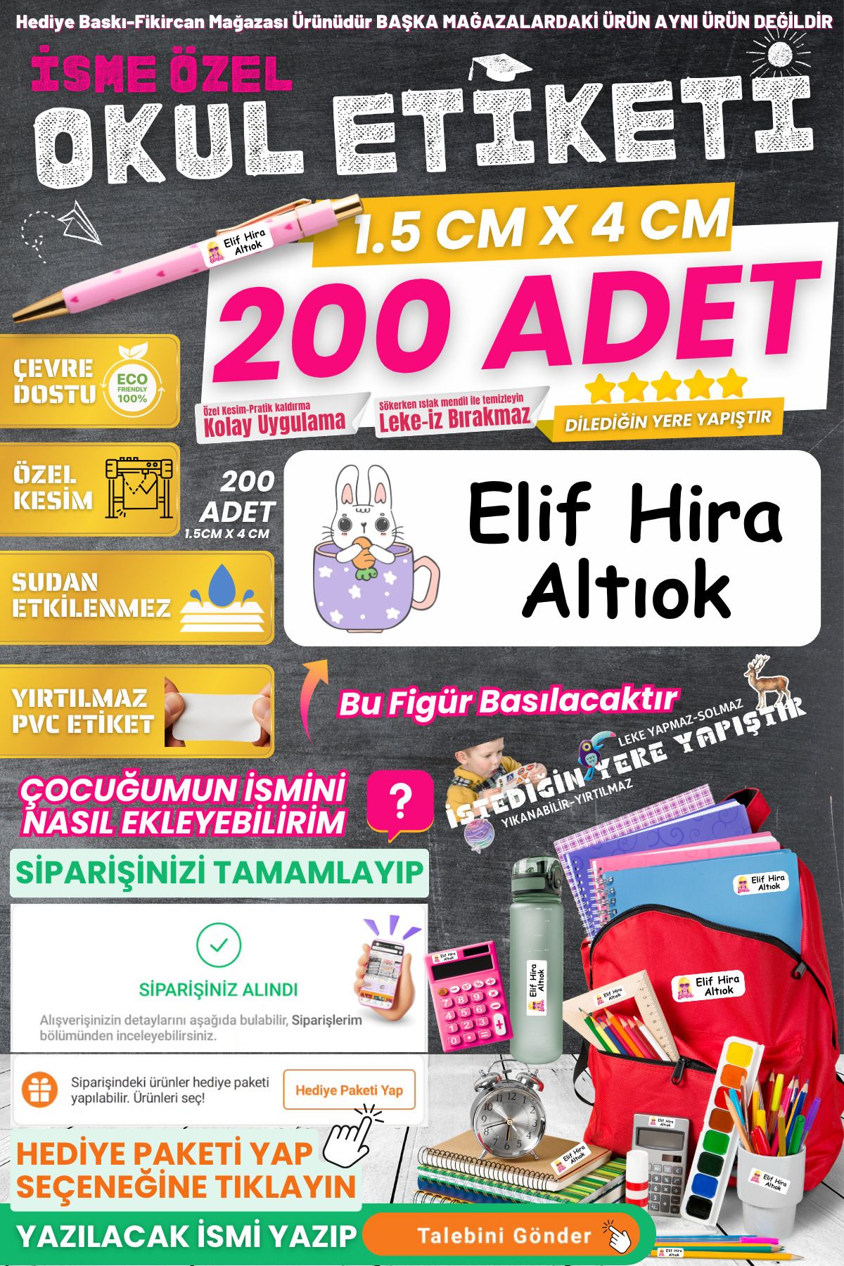 FİKİRCAN Fikircan-İsme Özel Okul Etiketi-KAWAİ TAVŞAN 200 Adet - Kokusuz Ekolojik Mürekkep PVC ETİKET