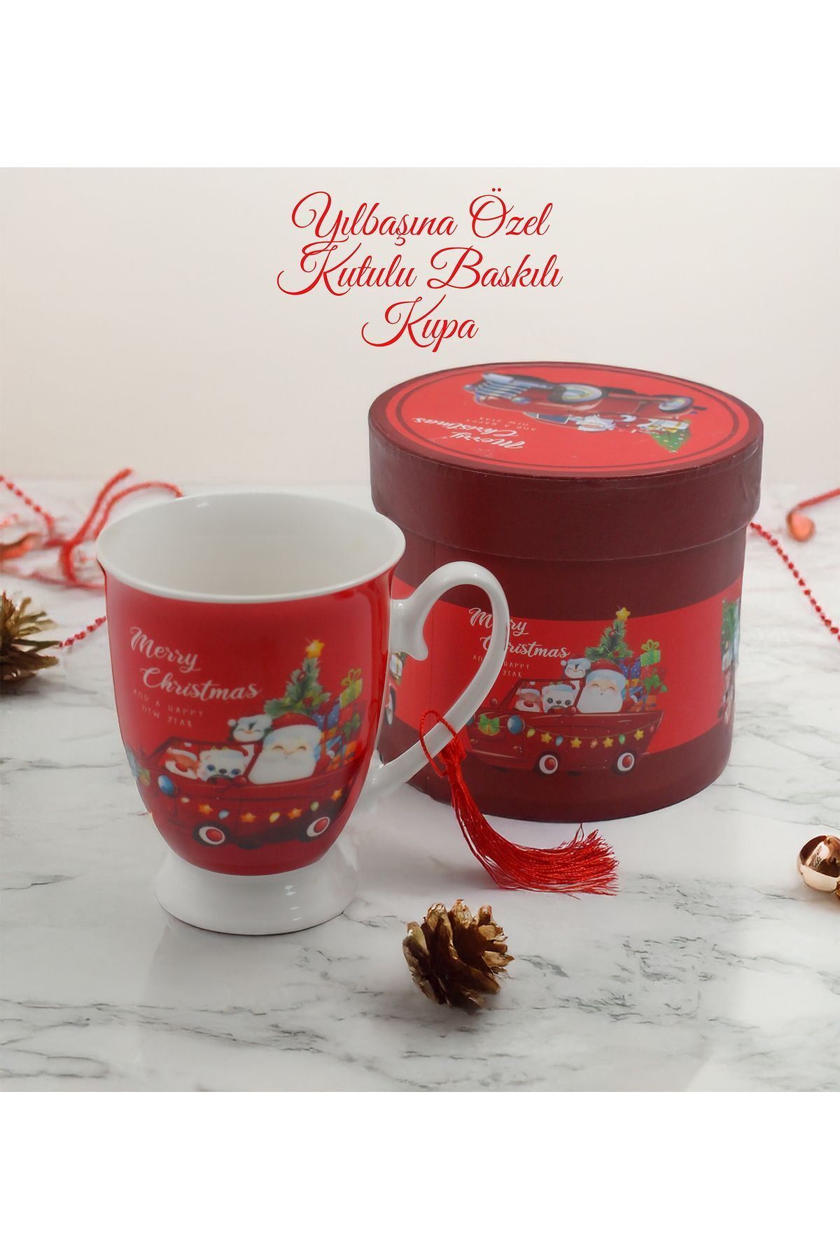 Elioure Özel Silindir Kutulu Yılbaşı Noel Baba Temalı Seramik Kupa Bardak